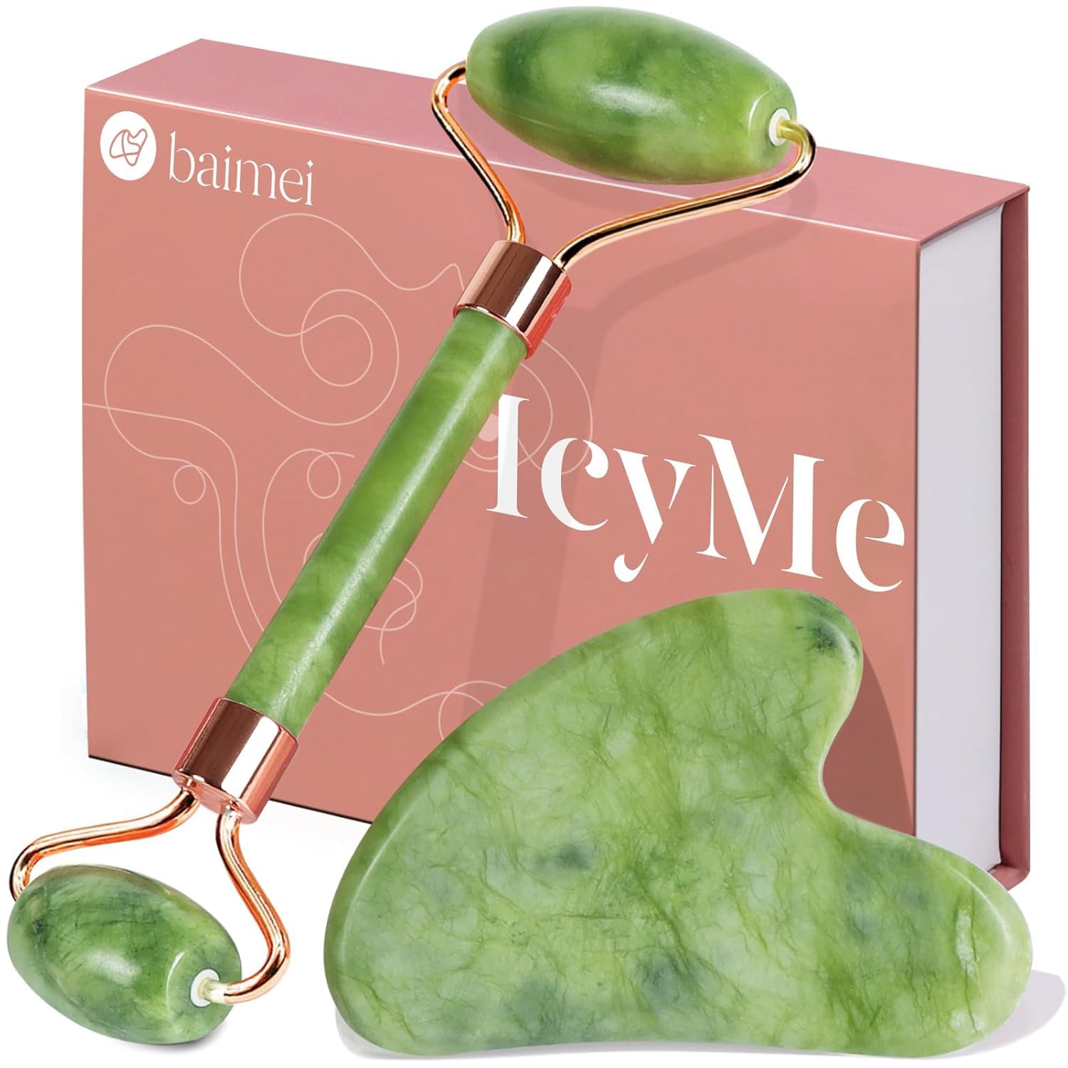 BAIMEI IcyMe Gua Sha & Jade Roller Set — Cooling Face Roller & Gua Sha Tool for Depuffing, Facial Sculpting & Jawline Definition — Smooth Rolling Skincare Tools, Green