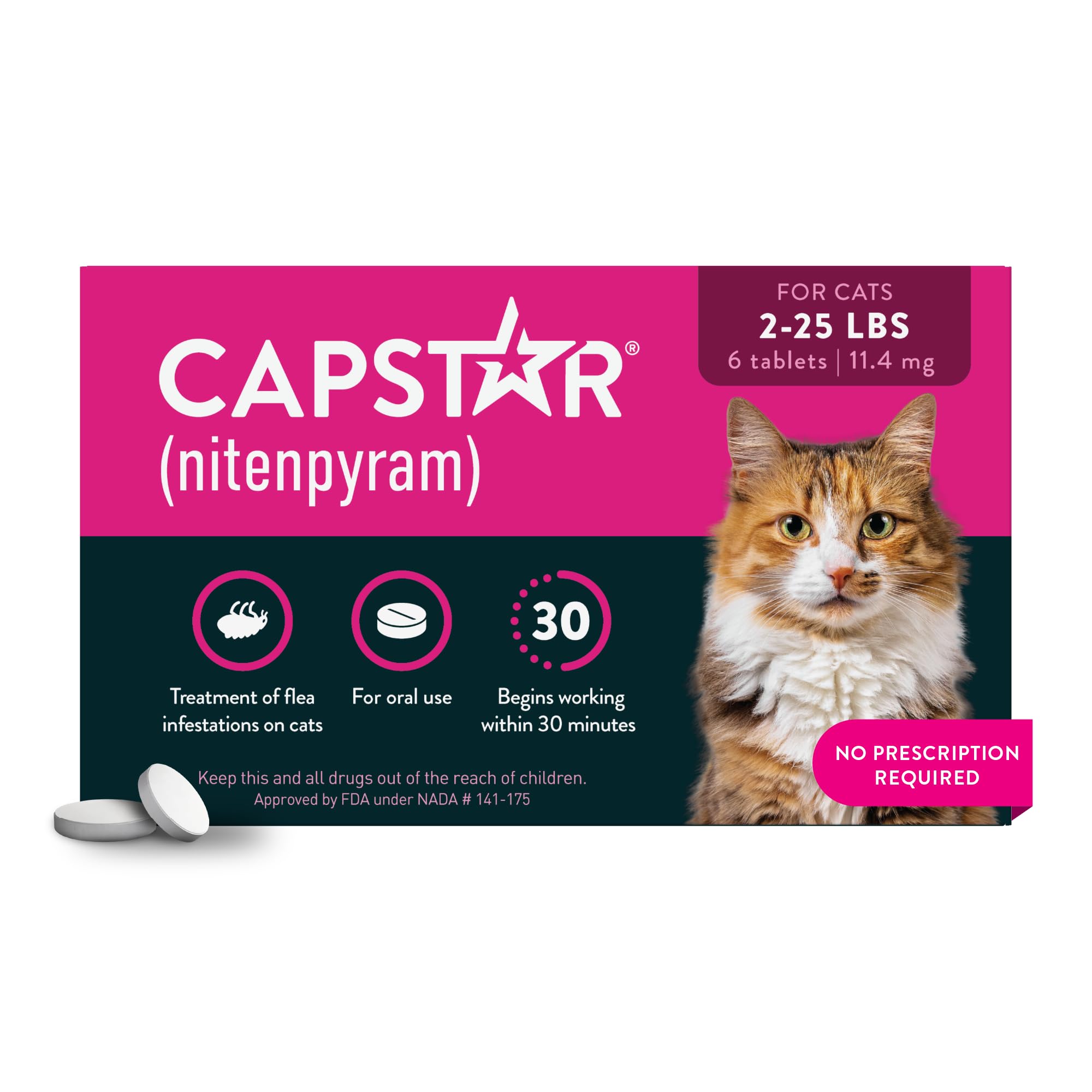 Capstar (nitenpyram) Fast-Acting Oral Flea Treatment for Cats 2–25 lbs, 11. 4 mg — 6 Tablets
