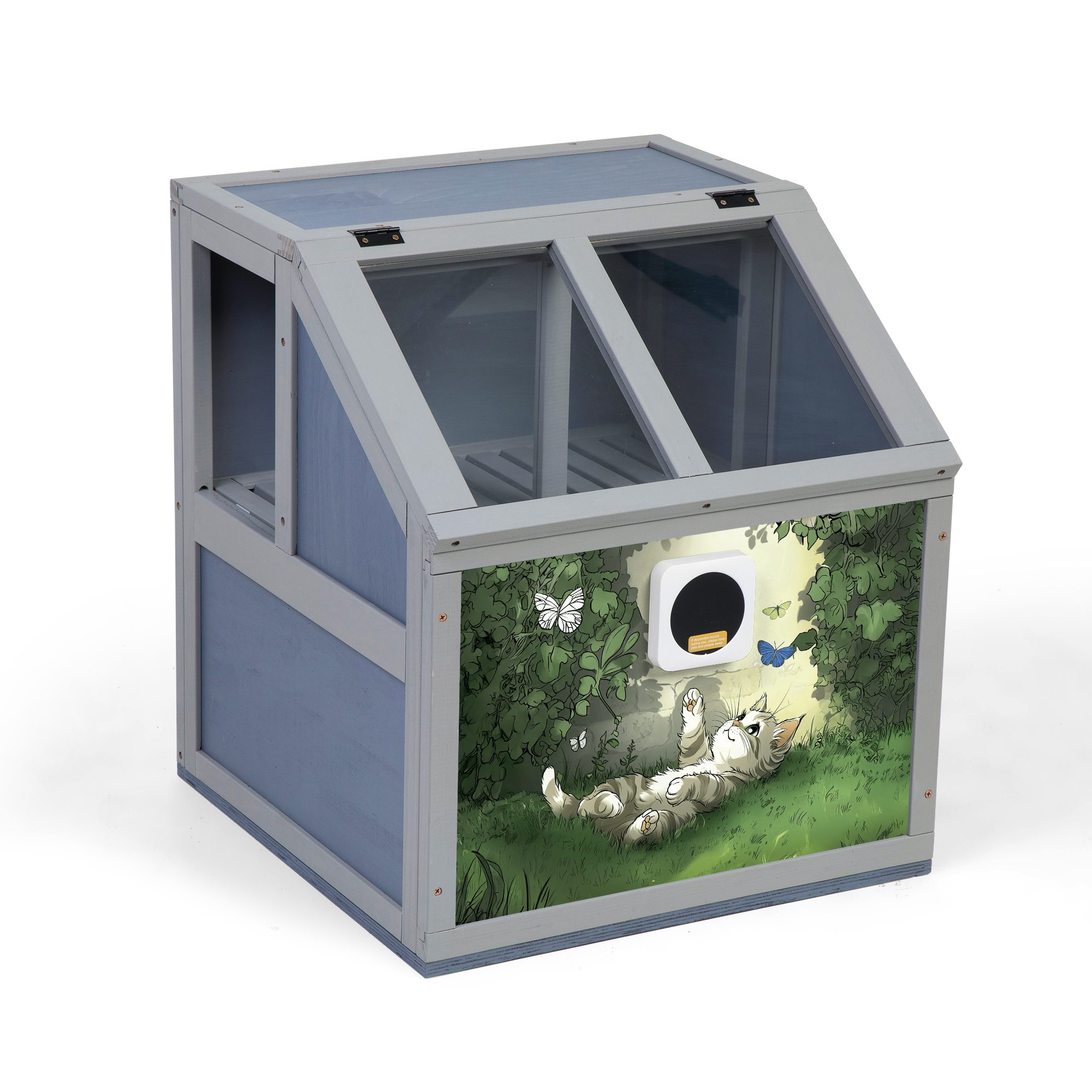 Hidden Wooden Cat Litter Cabinet in Light & Dark Gray — Furniture-Style Enclosed Design with Side Cat Entrance, Dual Top Lids and Internal Partition | Home Storage Cat Furniture