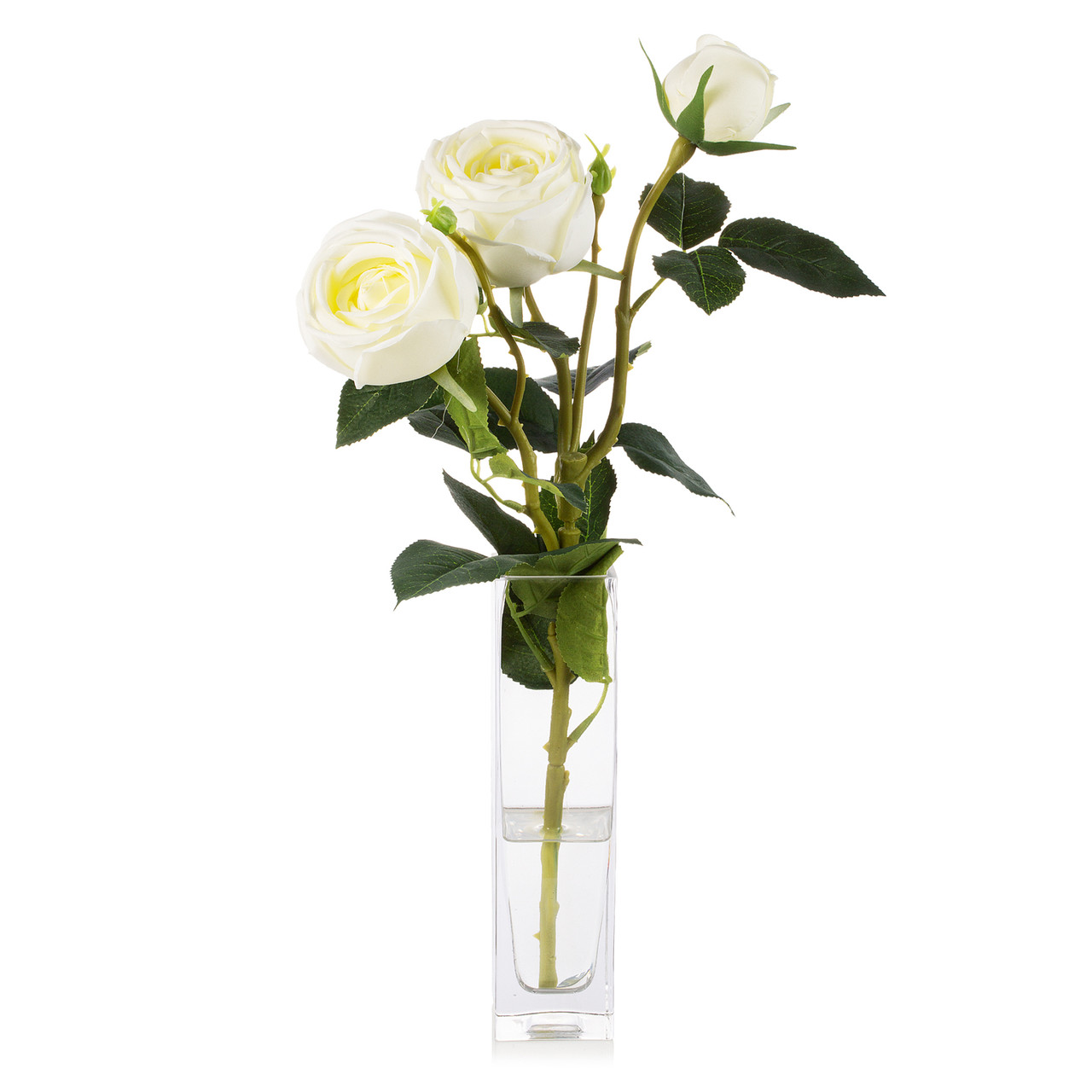 Enova Floral 3-Head Silk Artificial Rose in Clear Glass Vase | High-Quality Silk Flowers | Acrylic Faux Water Design | ~15-inch Tabletop Decoration