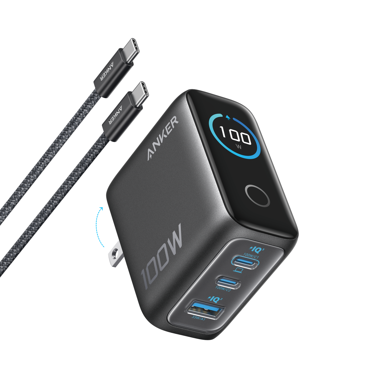 Anker 100W 3-Port GaN Charger, Smart Display & Travel Size, Wall Charger with 100W, GaN, 3-Port, for iPhone, iPad, MacBook, Samsung Galaxy, Travel/Office
