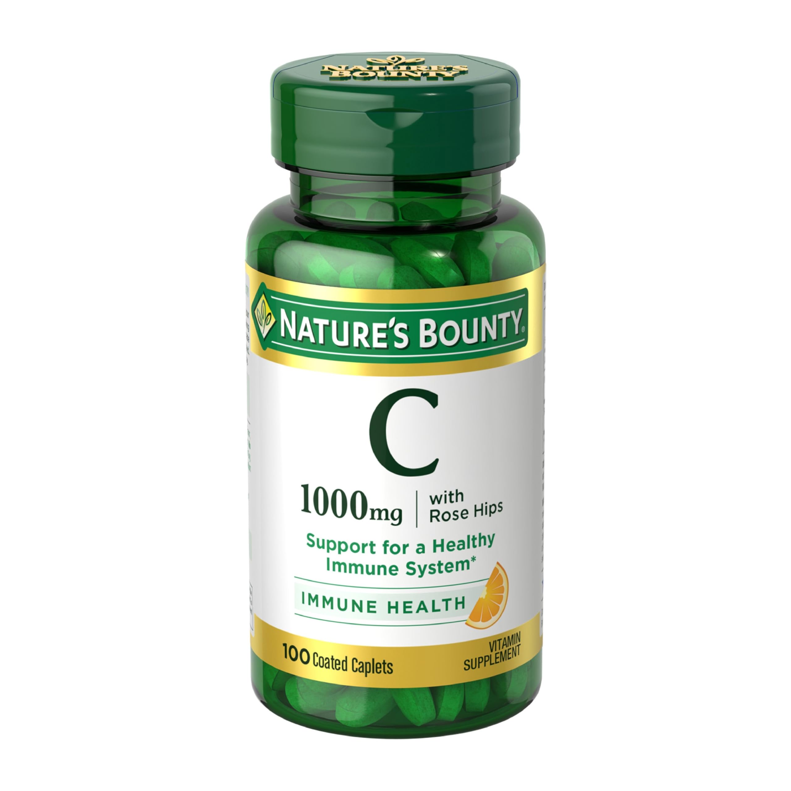 Nature’s Bounty Vitamin C + Rose Hips, Immune Support, 1000mg Vitamin C, Coated Caplets, 1 Serving per Day, Vegetarian Caplets, 100 Ct