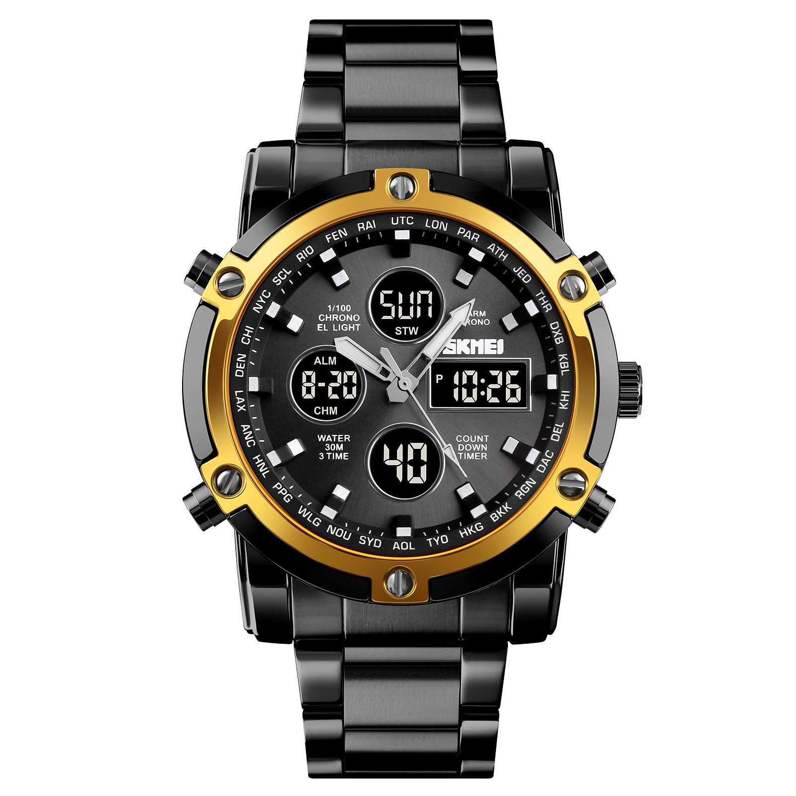 SKMEI 1389 Men's Stainless Steel Band Dual-Display Sports Watch — Multifunctional Digital-Analog Quartz, 30M Water Resistant, Large Dial Gift Piece