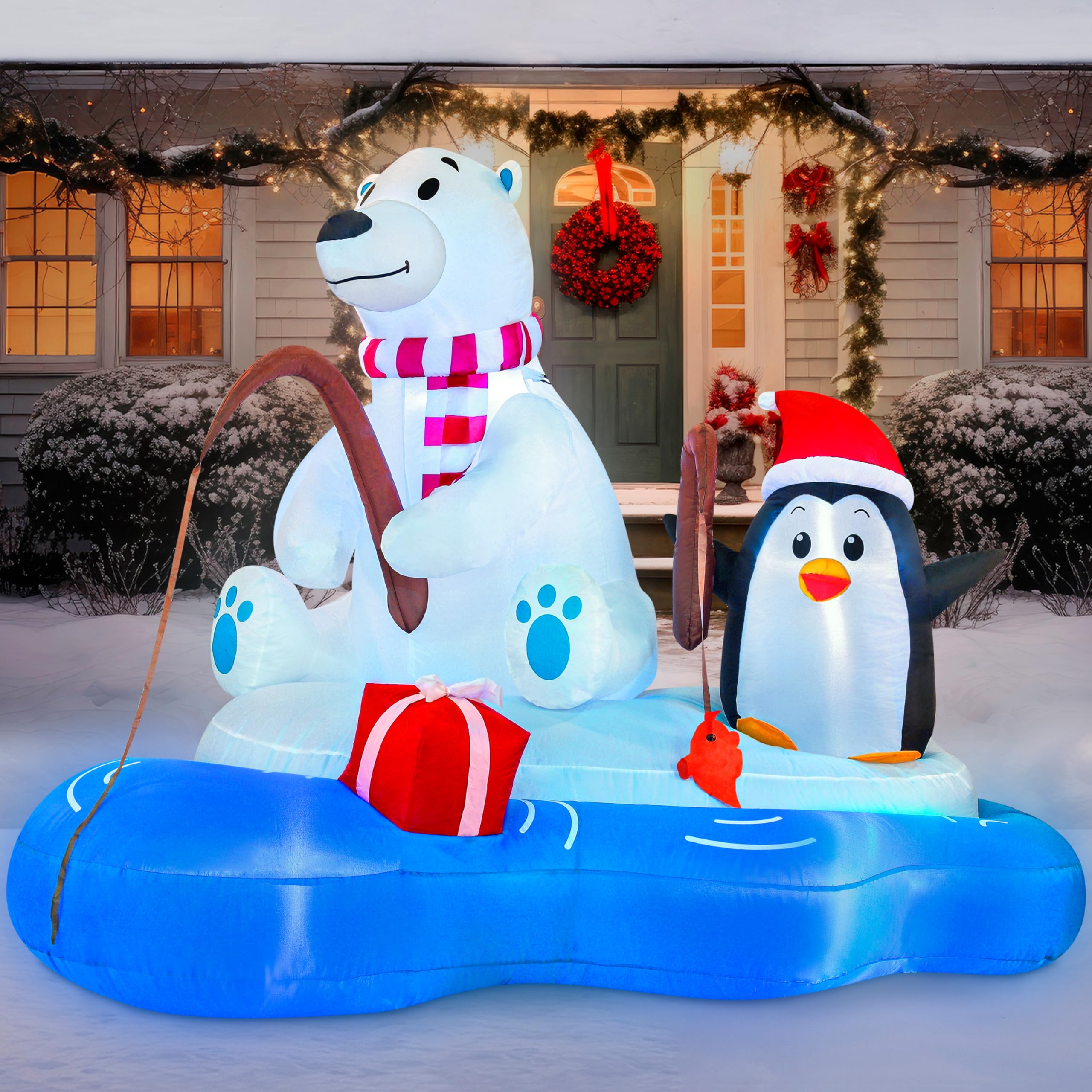 Joiedomi 6 ft Inflatable Polar Bear Fishing with Penguin — Outdoor Christmas Yard Decoration with Built-in LED Lights