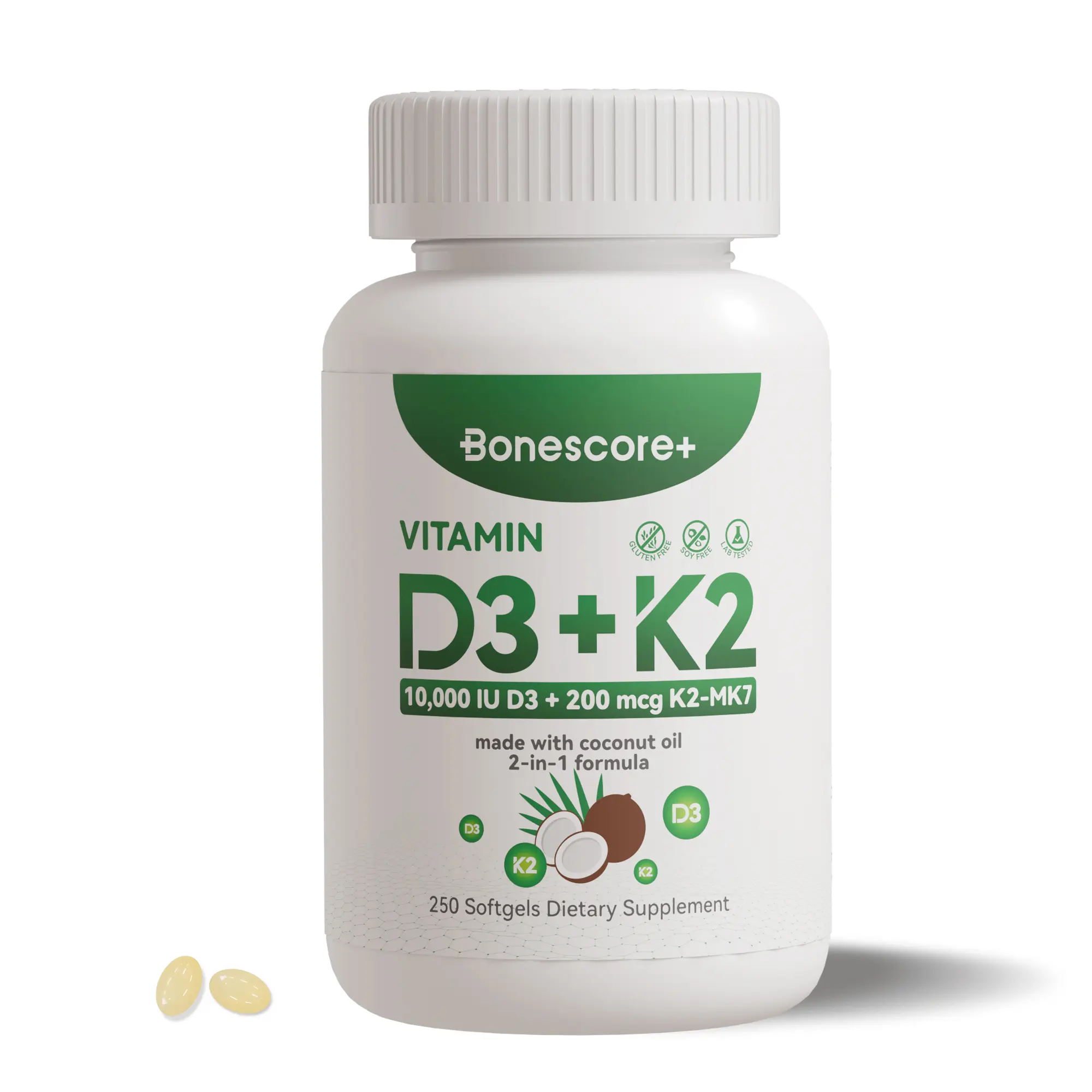 Bonescore+ Vitamin D3 + K2 10,000 IU Softgels (250 Count) | Extra Virgin Coconut Oil Carrier | 2-in-1 Formula for Bone Health