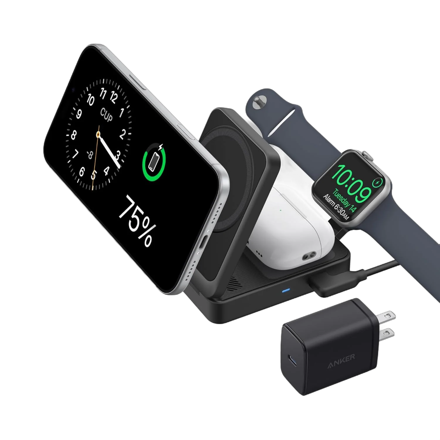 Anker MagGo Foldable 3-in-1 Qi2 Wireless Charging Stand — Compatible with iPhone / AirPods / Apple Watch, Desktop & Travel Friendly