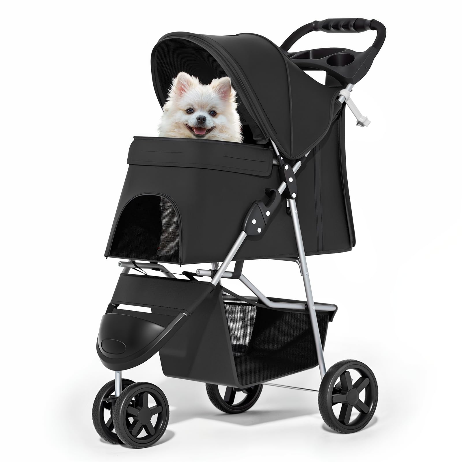 MoNiBloom Pet Stroller for Small/Medium Dogs and Cats up to 33 lbs, Black | Foldable 3 Wheels Pet Strolling Cart w/ Storage Basket Weather Cover Cup Holder, Breathable and Visible Mesh for All-Season