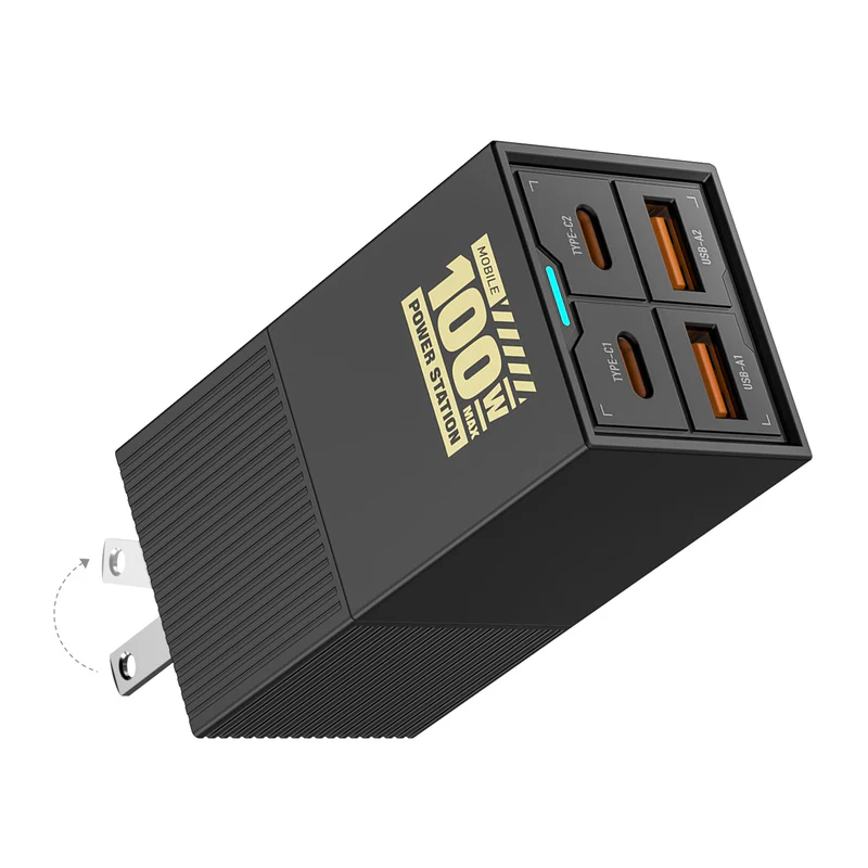 mfish E-Train 100W GaN Charging Station, 6-in-1 Desktop Power Strip — 2 AC Outlets + 2 USB-C + 2 USB-A, 5 ft Power Cord