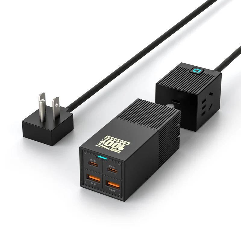 mfish E-Train Estación de carga GaN 100W, toma de corriente de escritorio 6 en 1, 2 enchufes AC + 2 USB-C + 2 USB-A, cable de alimentación de 5 ft