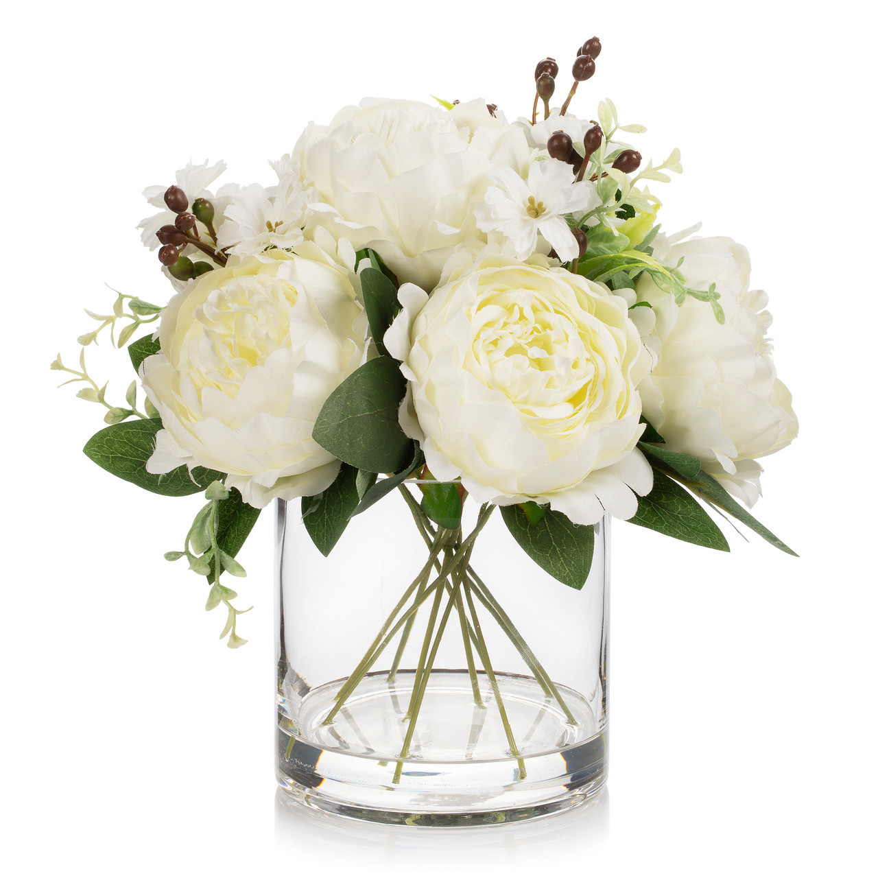 Enova Floral 7-Head Mixed Color Artificial Peony Arrangement in Glass Vase|Handmade Silk Flowers|Faux Water Design|Approx. 10-inch Tabletop Decoration