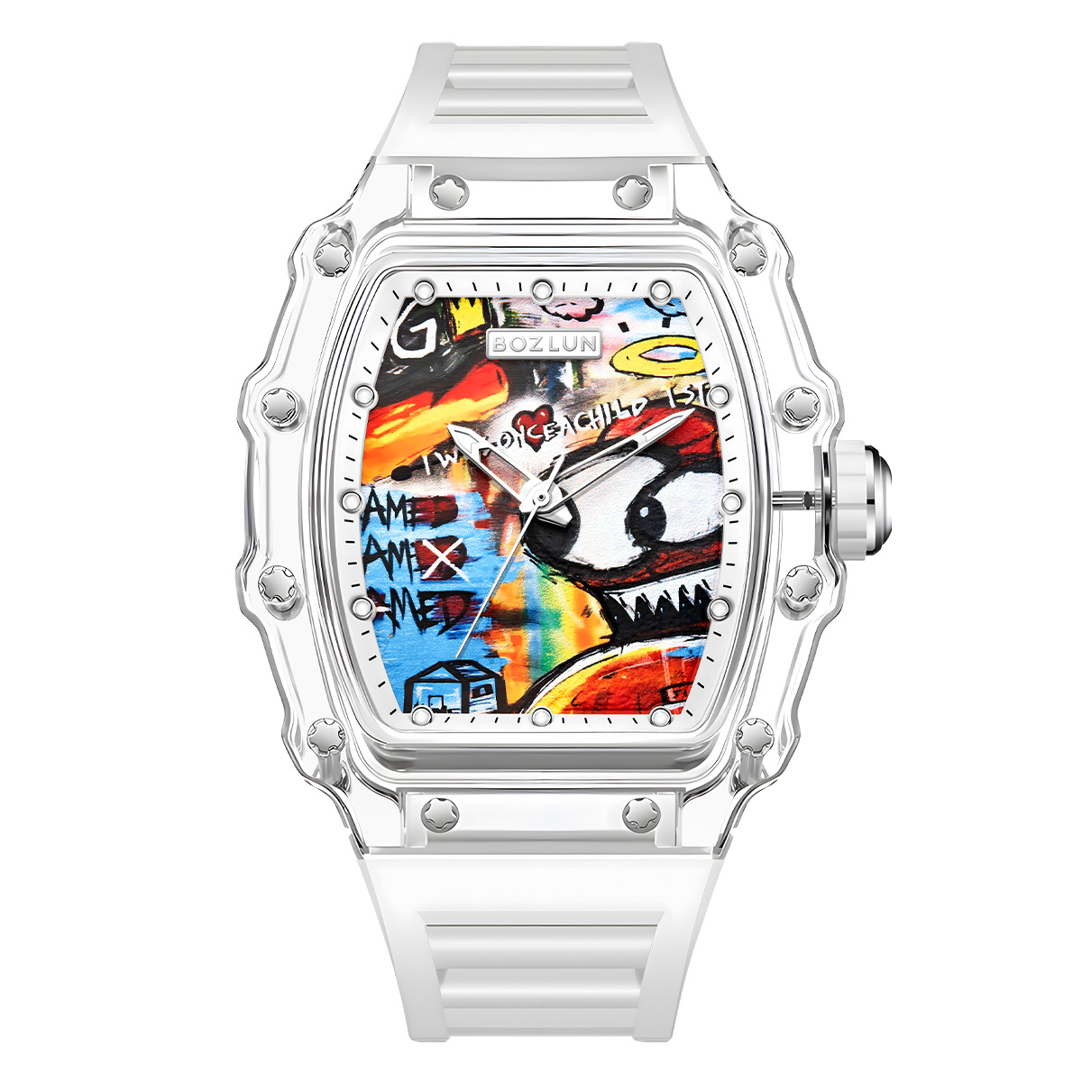 SKMEI KOTA Series Unisex Trendy Mechanical Watch — Square Transparent Case, Graffiti Dial, Automatic Movement, 30M Water Resistant Silicone Strap — Gift Item