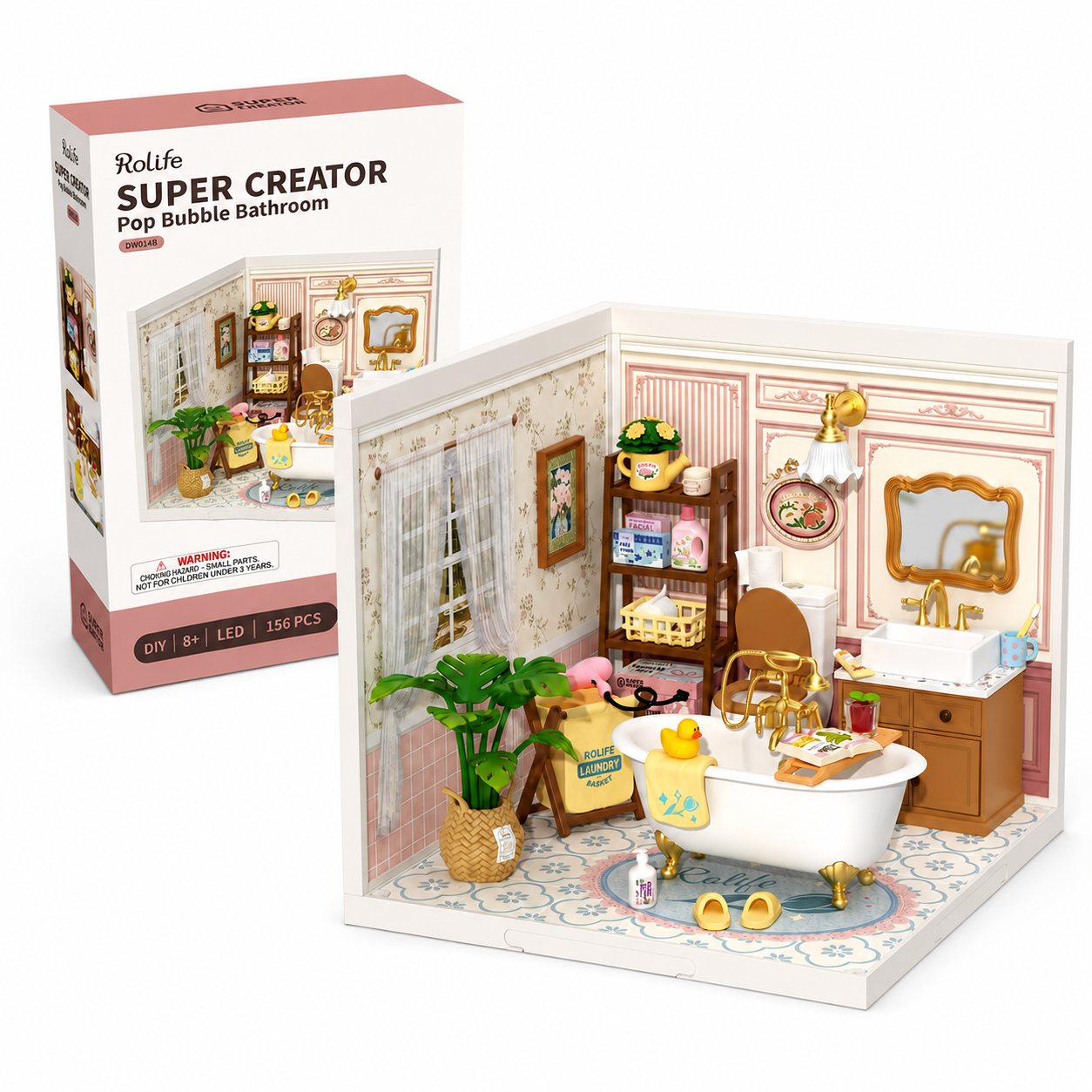 Rolife Super Creator Pop Bubble Bathroom DW014B Miniature DIY Bathroom Kit — 103-Piece No-Glue Snap Assembly with LED, Stackable Modular Display, Perfect Gift for Dollhouse & DIY Enthusiasts