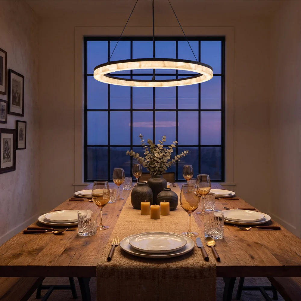 Moorizon Calista Round 28/38/46/60" Natural Calcite Ring LED Chandelier, 2400K Warm Dimmable Hardwired Light, Black Metal Frame, for Dining, Living Rooms, Hotels & Commercial Spaces. detail image 2