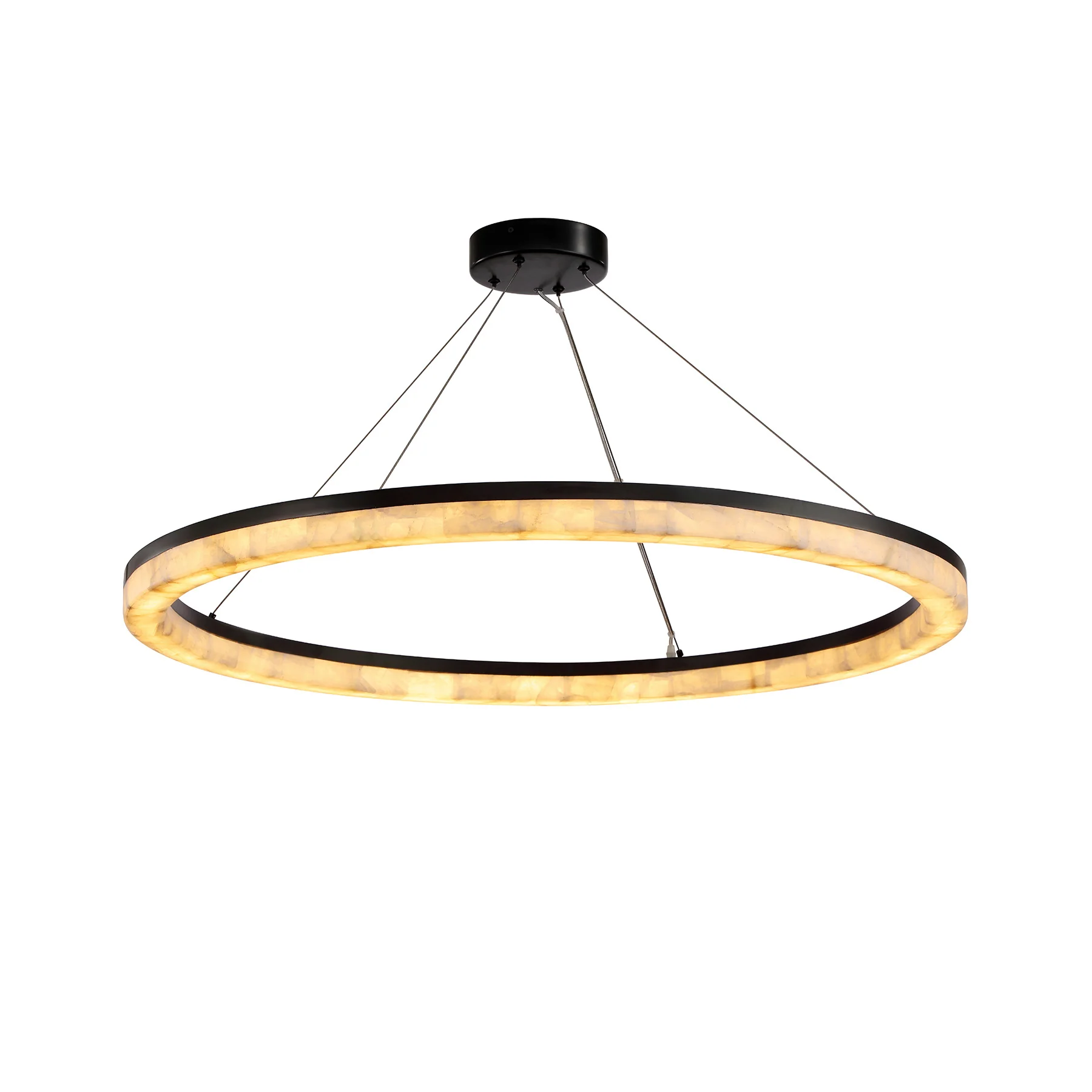 Moorizon Calista Round 28/38/46/60" Natural Calcite Ring LED Chandelier, 2400K Warm Dimmable Hardwired Light, Black Metal Frame, for Dining, Living Rooms, Hotels & Commercial Spaces.