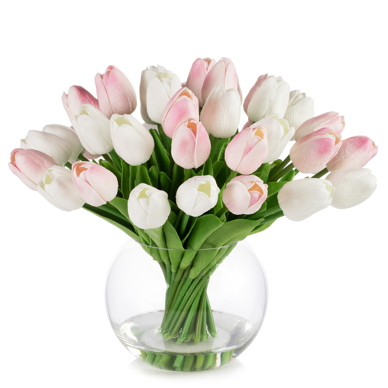 Enova Floral 40-Head Real Touch Pink & White Artificial Tulips in Glass Vase | Faux Water Design | ~13" Tabletop Decoration