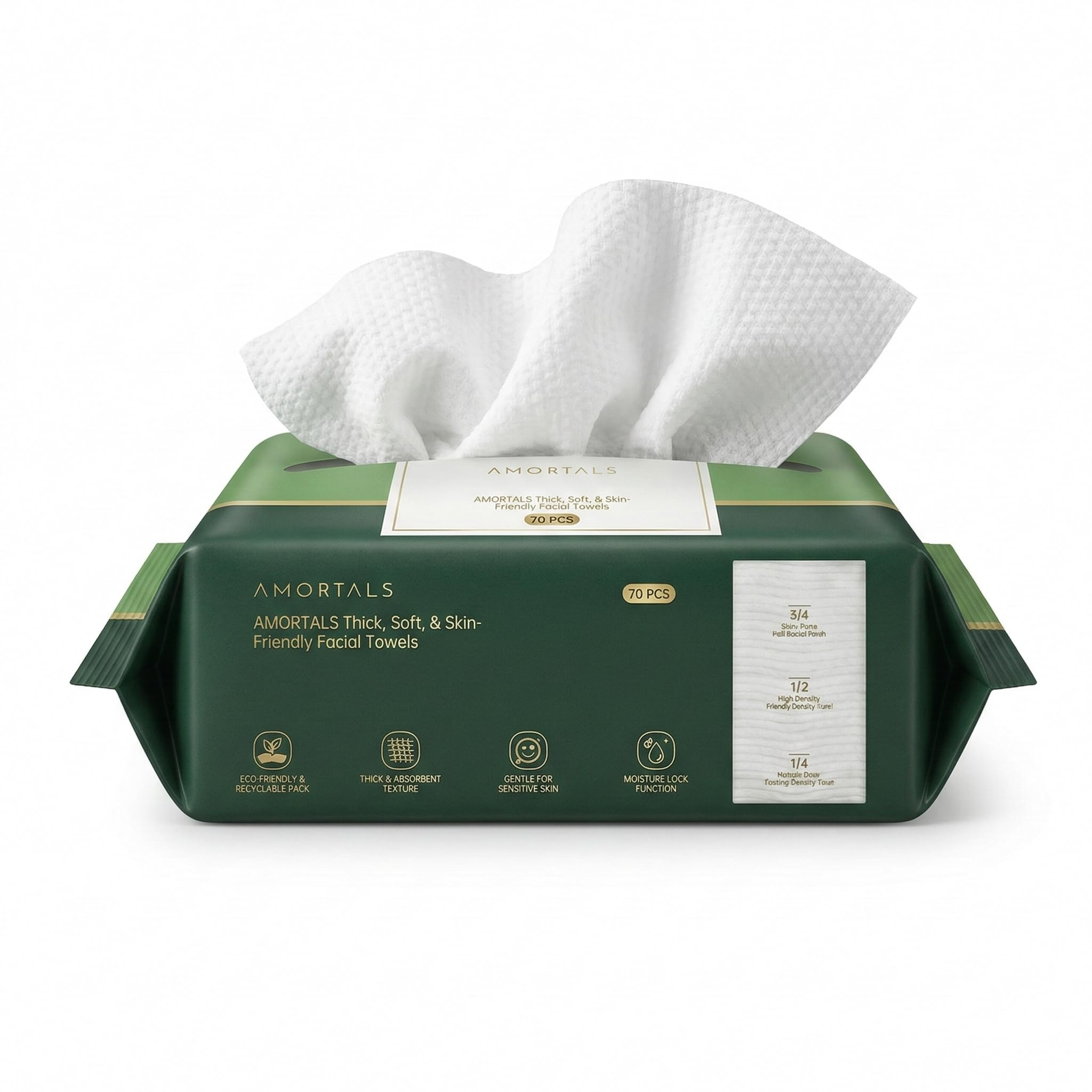 AMORTALS 70-Count Disposable Facial Wipes — Soft Pure Cotton Skincare Dry Towels, Biodegradable, Suitable for Sensitive Skin, Lint-Free Makeup Remover & Cleansing Cloth