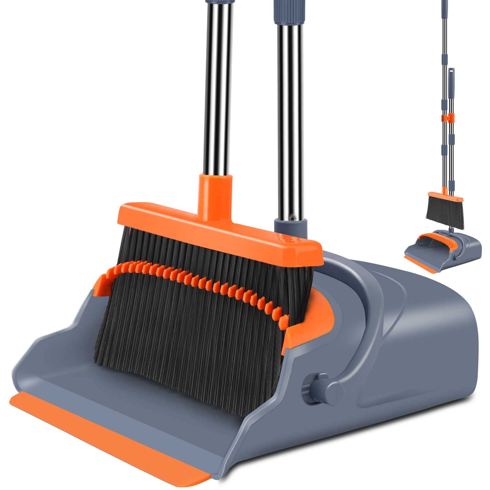 Upgrade Broom and Dustpan Set with Self-Cleaning Dustpan Teeth, Extendable Handle, Stand-Up Storage (Gray & Orange)