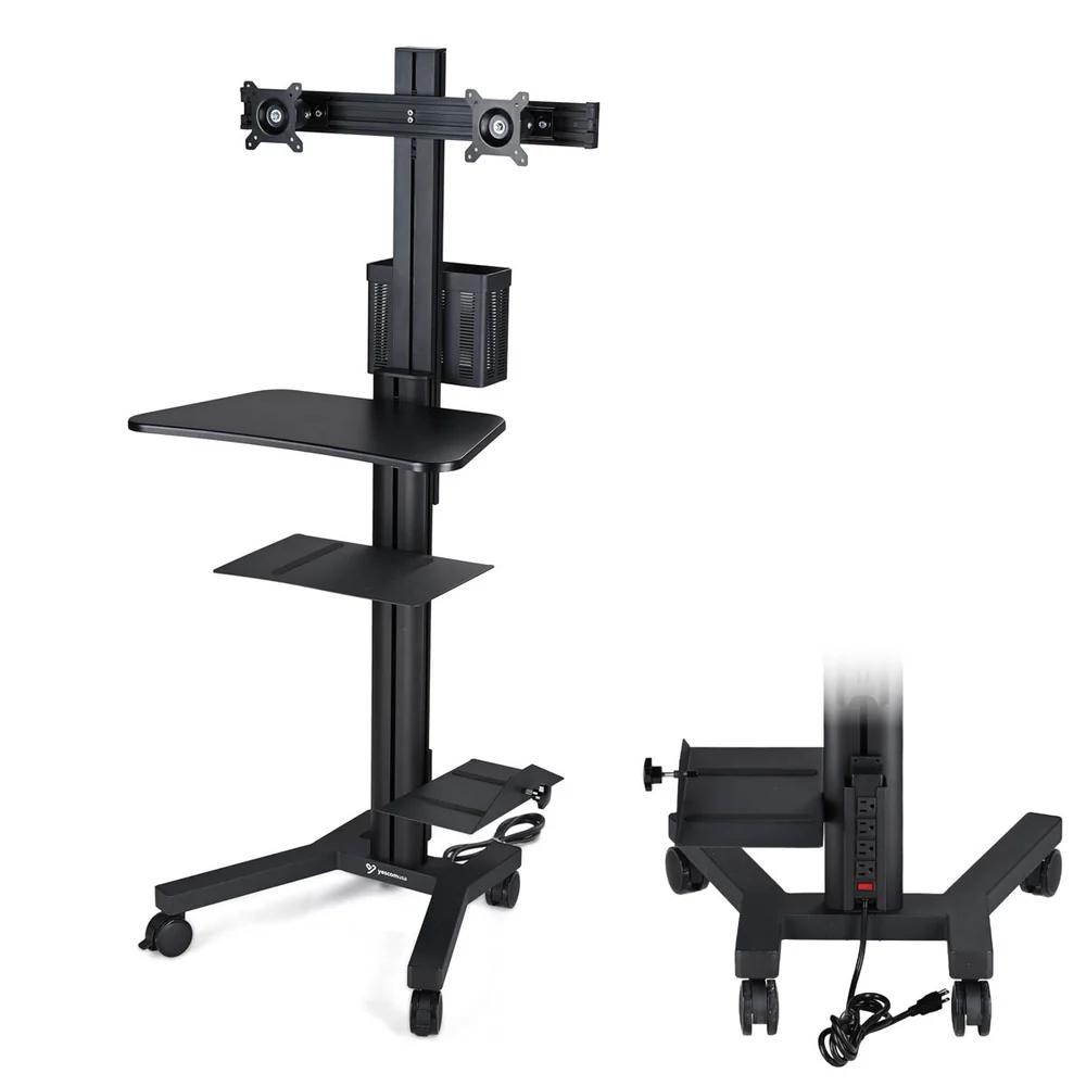 Portable Computer Workstation Cart with Power Strip and Dual Monitor Support