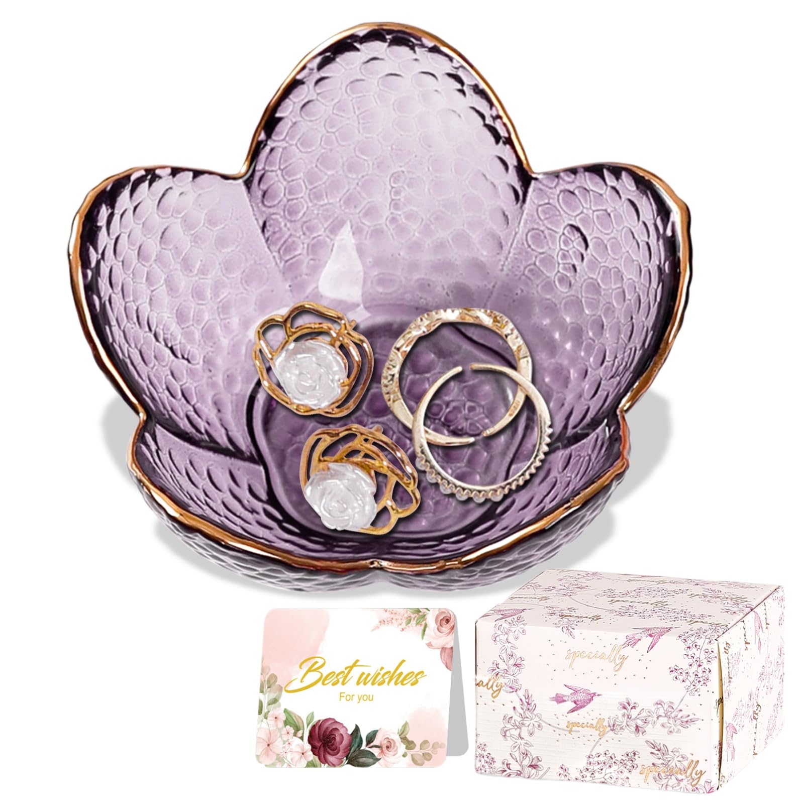 Purple Flower Glass Jewelry Dish Ring Holder Tray — Cute Vanity Organizer for Nightstand, Bathroom, Room Decor; Gift for Women