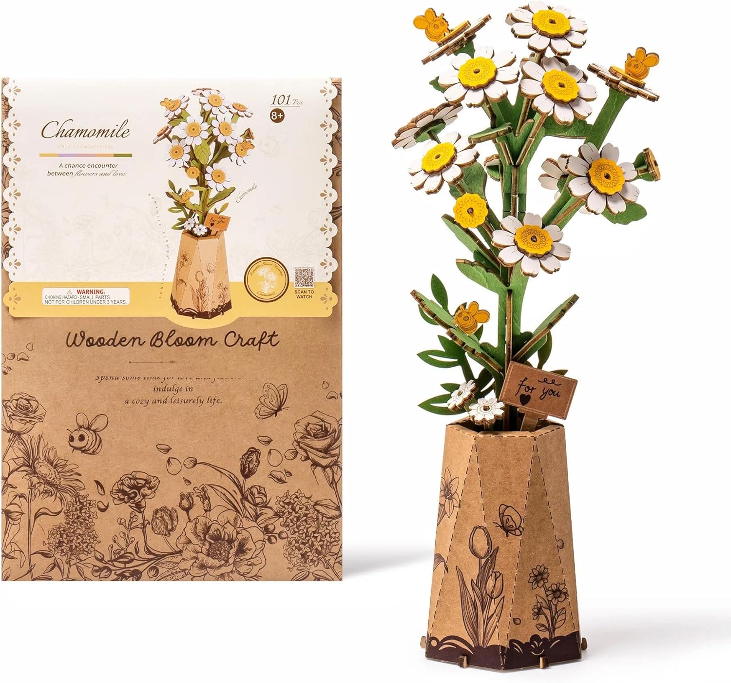ROBOTIME Rowood Chamomile TW061 Wooden Chamomile Flower DIY 3D Puzzle — Realistic Wood Floral Decor, Desktop Ornament, Birthday & Holiday Gift