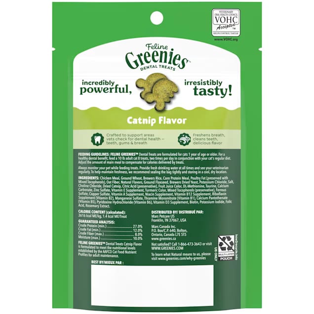 Feline Greenies Cat Dental Treats, Catnip Flavor, 2.1 oz Portable Pack, VOHC Accepted—Helps Reduce Plaque & Tartar Buildup, Crunchy Dental Chews for Adult Cats, Freshens Breath, Natural Ingredients, Highly Palatable, Imported from the USA detail image 3