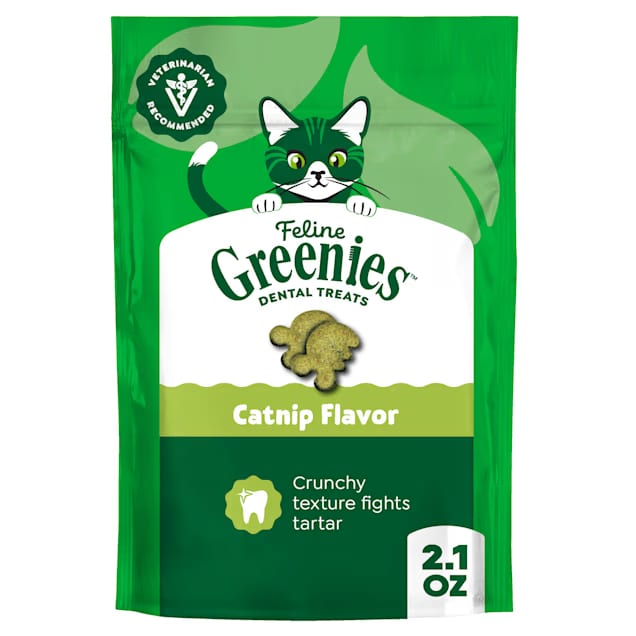 Feline Greenies Cat Dental Treats, Catnip Flavor, 2.1 oz Portable Pack, VOHC Accepted—Helps Reduce Plaque & Tartar Buildup, Crunchy Dental Chews for Adult Cats, Freshens Breath, Natural Ingredients, Highly Palatable, Imported from the USA