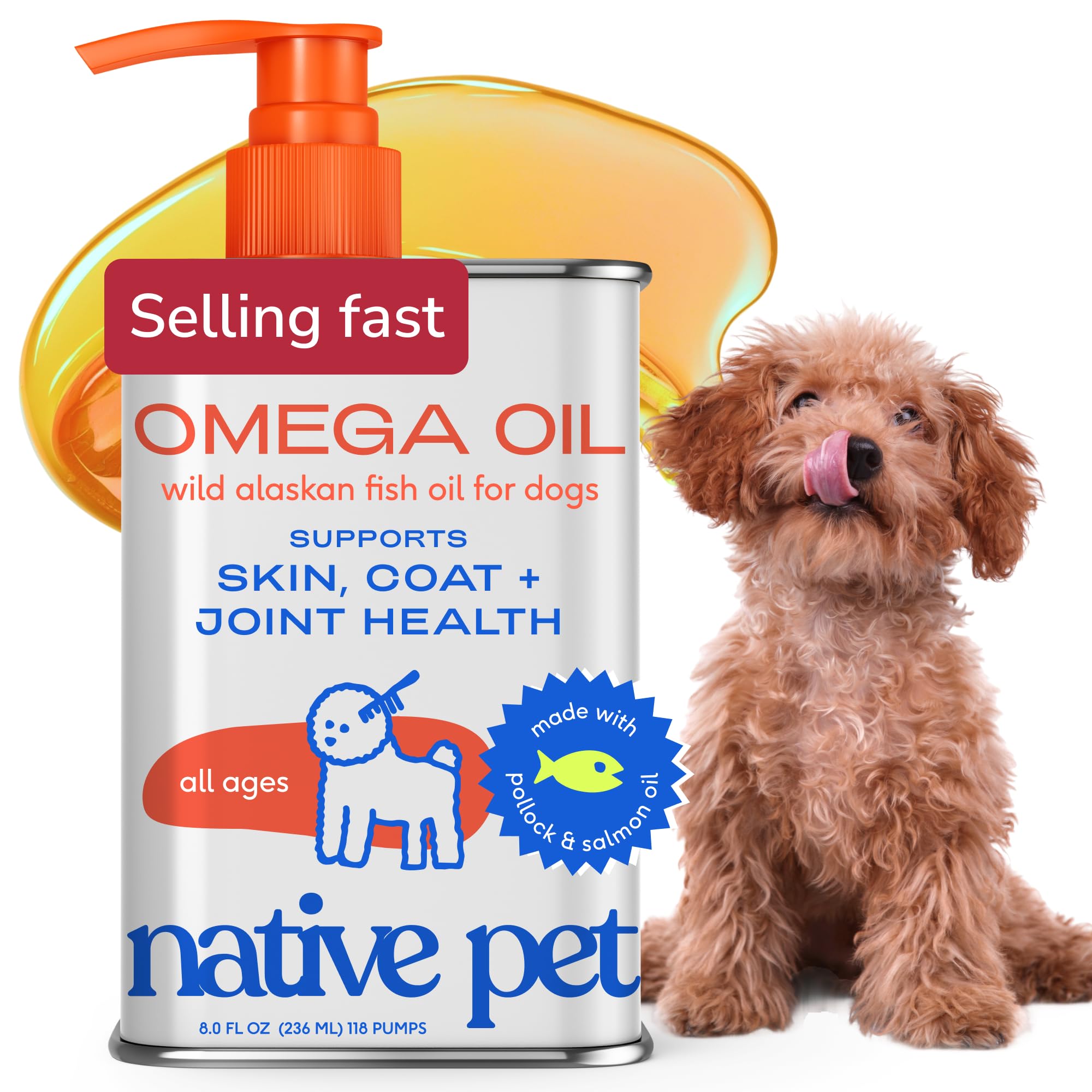 Native Pet Omega-3 Fish Oil for Dogs & Cats — Wild Alaskan Salmon & Pollock Oil, 8 oz