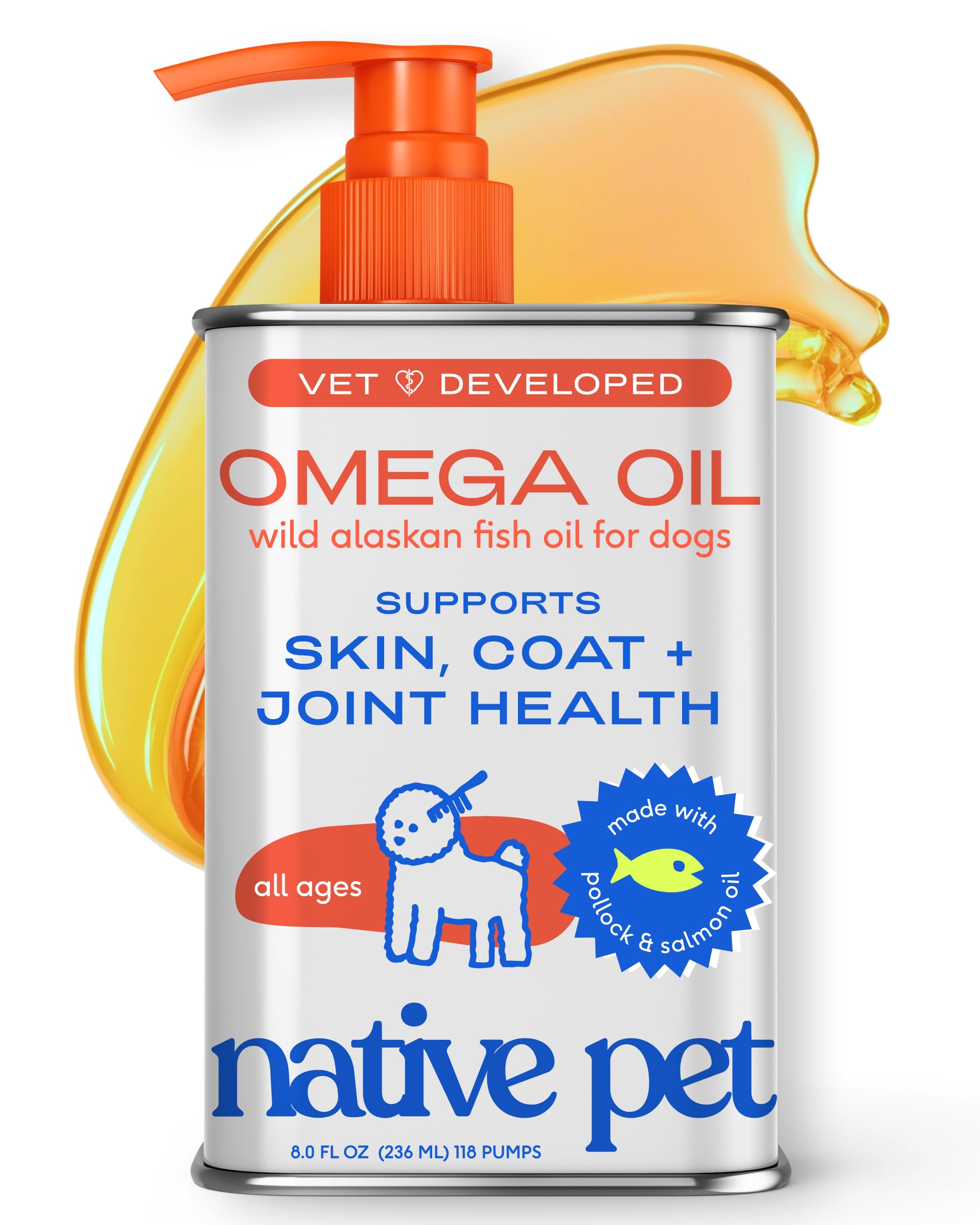 Native Pet Omega-3 Fish Oil for Dogs & Cats — Wild Alaskan Salmon & Pollock Oil, 8 oz