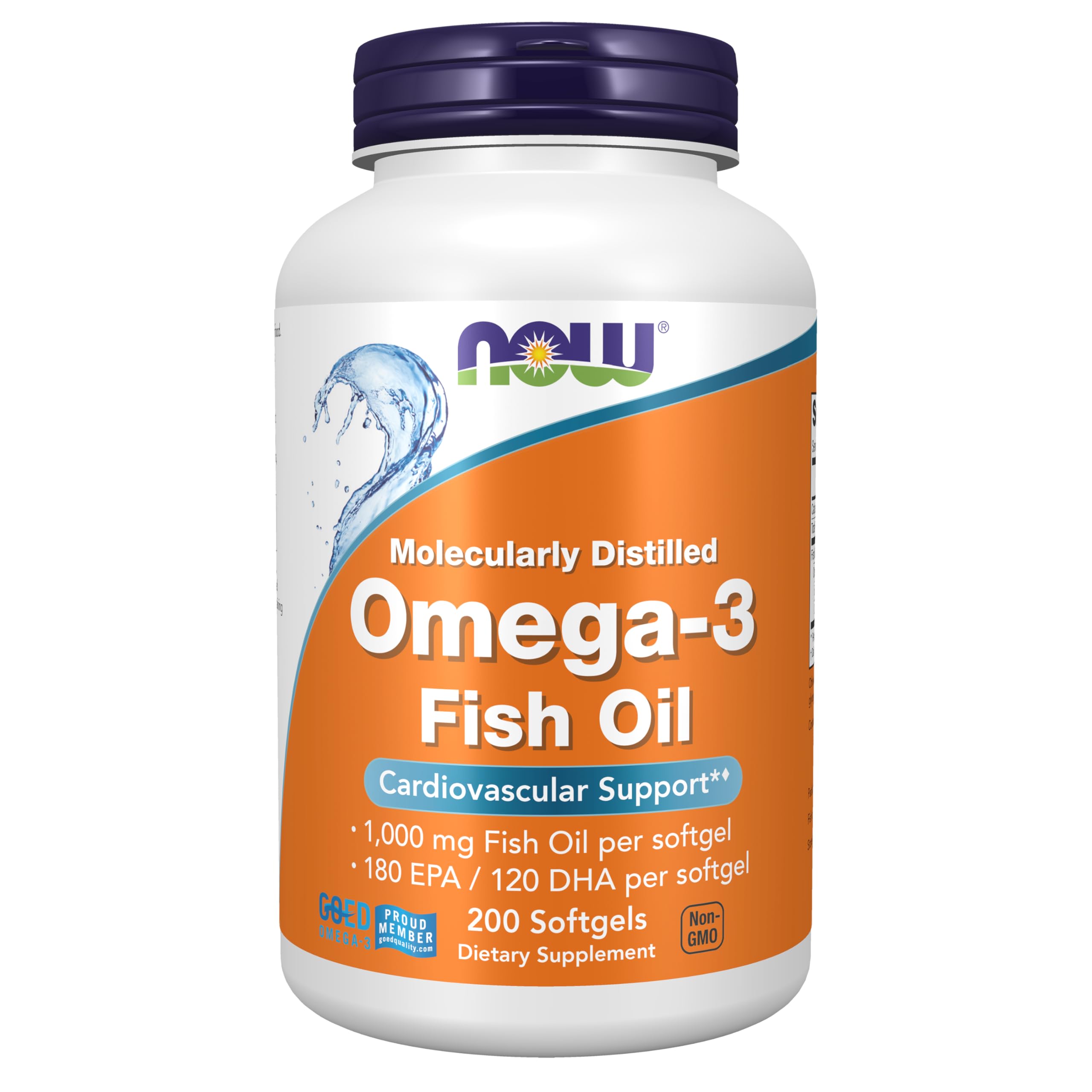 NOW Foods Omega-3 Fish Oil, 1,000 mg (180 mg EPA / 120 mg DHA), Molecularly Distilled, Cardiovascular Support, 200 Softgels