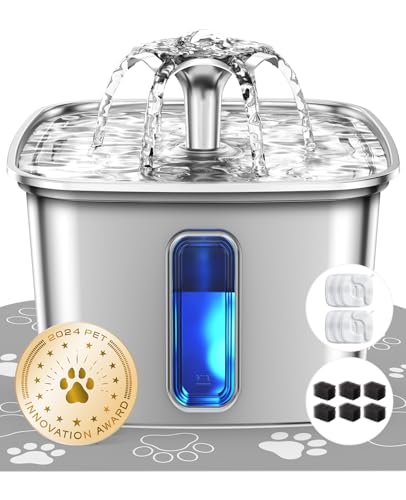 Veken Innovation Award Winner Stainless Steel Cat Water Fountain, 108oz/3.2L Automatic Pet Fountain Dog Water Dispenser with 3 Replacement Filters & Silicone Mat, Gifts for Cats, Dogs (Silver)