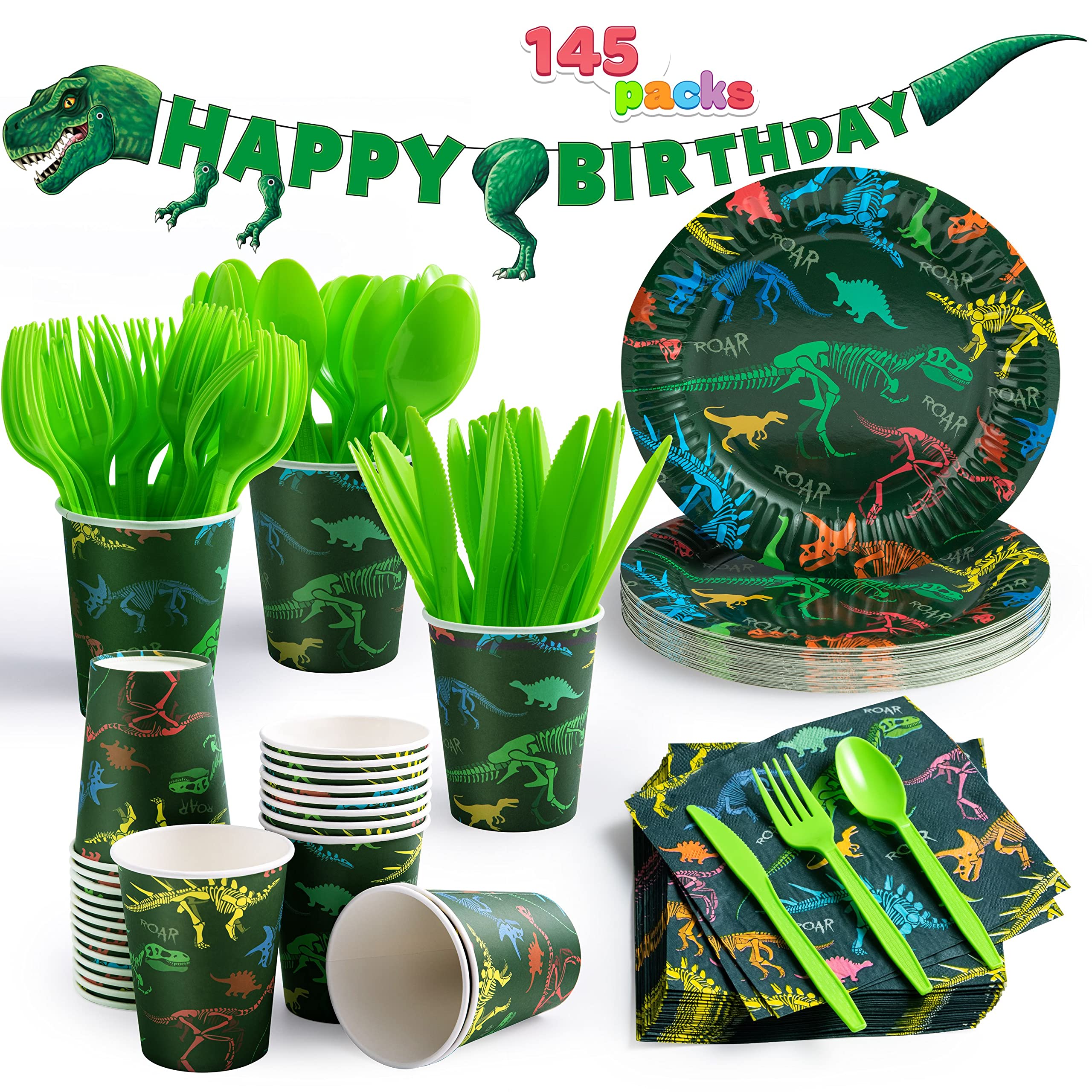 JOYIN 145-Piece Dinosaur Birthday Party Supplies with Banner, 24-Serve Disposable Tableware Set - Plates, Cups, Napkins & Cutlery