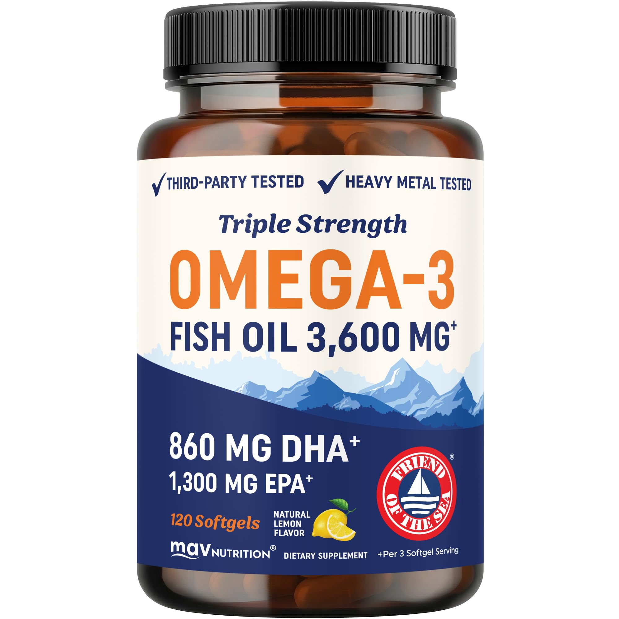 Triple Strength DHA Omega-3 Fish Oil 3600 mg — 1300 mg EPA & 860 mg DHA — 120 Burpless Citrus Softgels