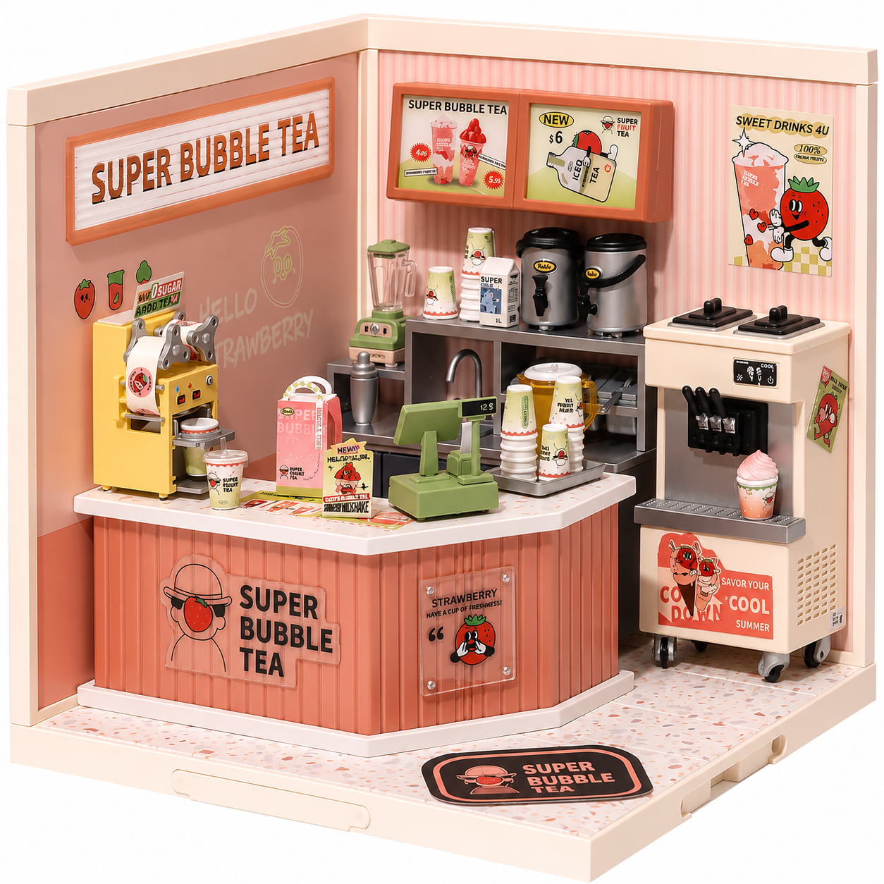 Rolife Super Creator Double Joy Bubble Tea DW006 Miniature DIY Milk Tea Shop Kit — ~130 Piece Snap-Fit Assembly with LED Ambient Lighting, Stackable Modular Design, Ideal Gift for Bubble Tea Lovers & Miniature Hobbyists