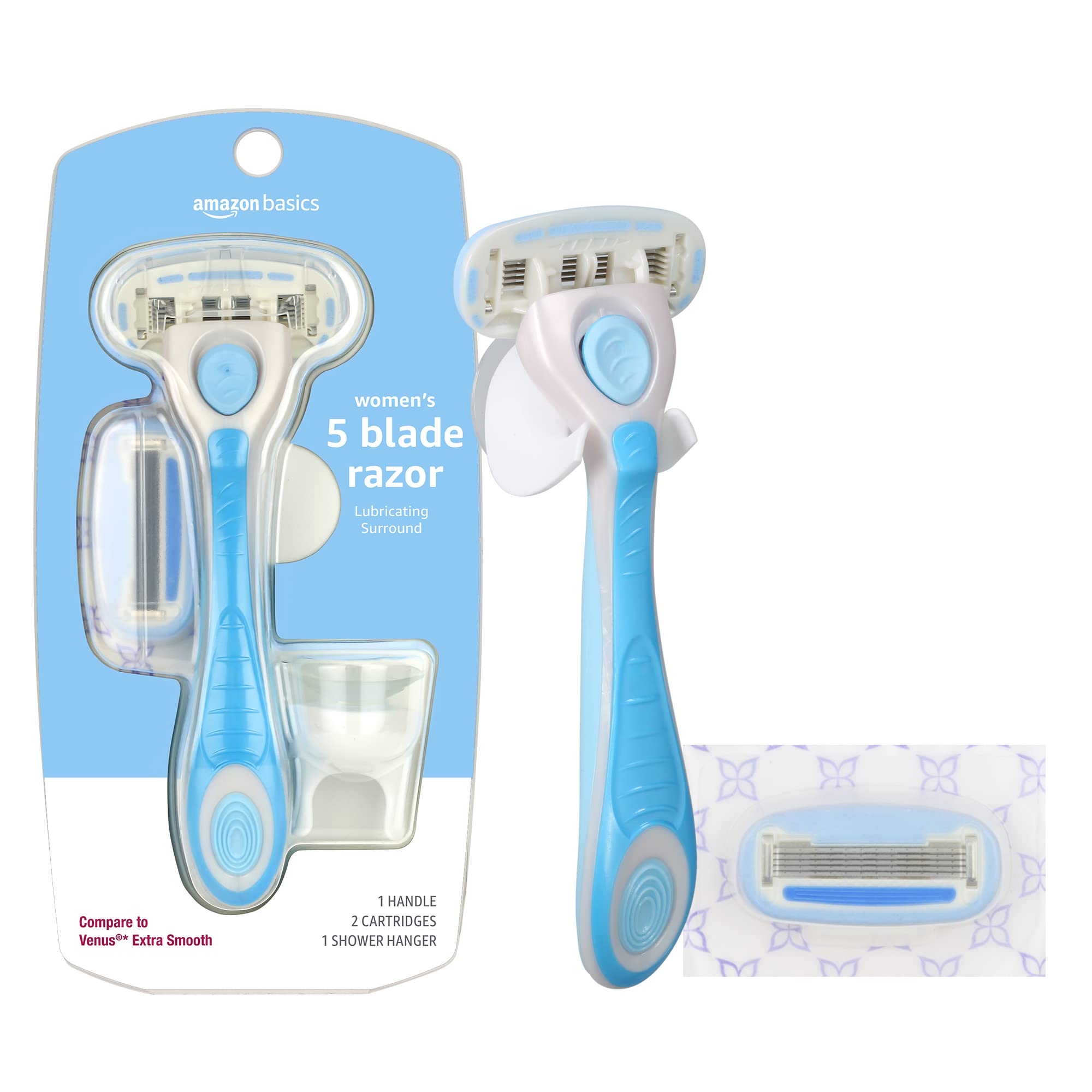 Cuchilla para mujer de 5 hojas Amazon Basics con tiras hidratantes, mango, 2 recambios y soporte de ducha