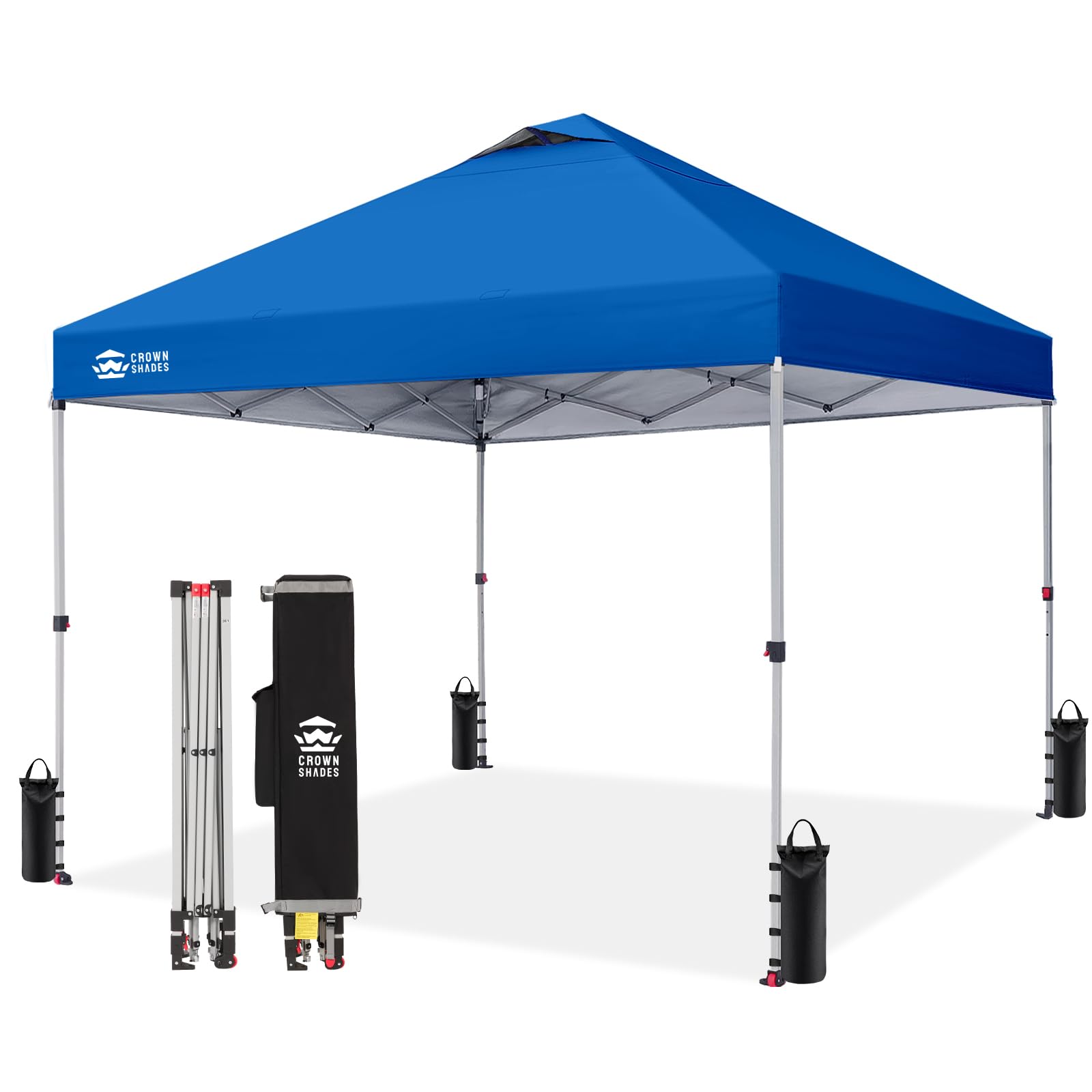 CROWN SHADES 10x10 Pop Up Canopy Tent with One-Push Setup, Blue — Patented CenterLok, Silver-Coated UPF 50+ Top, STO-N-GO Cover Bag