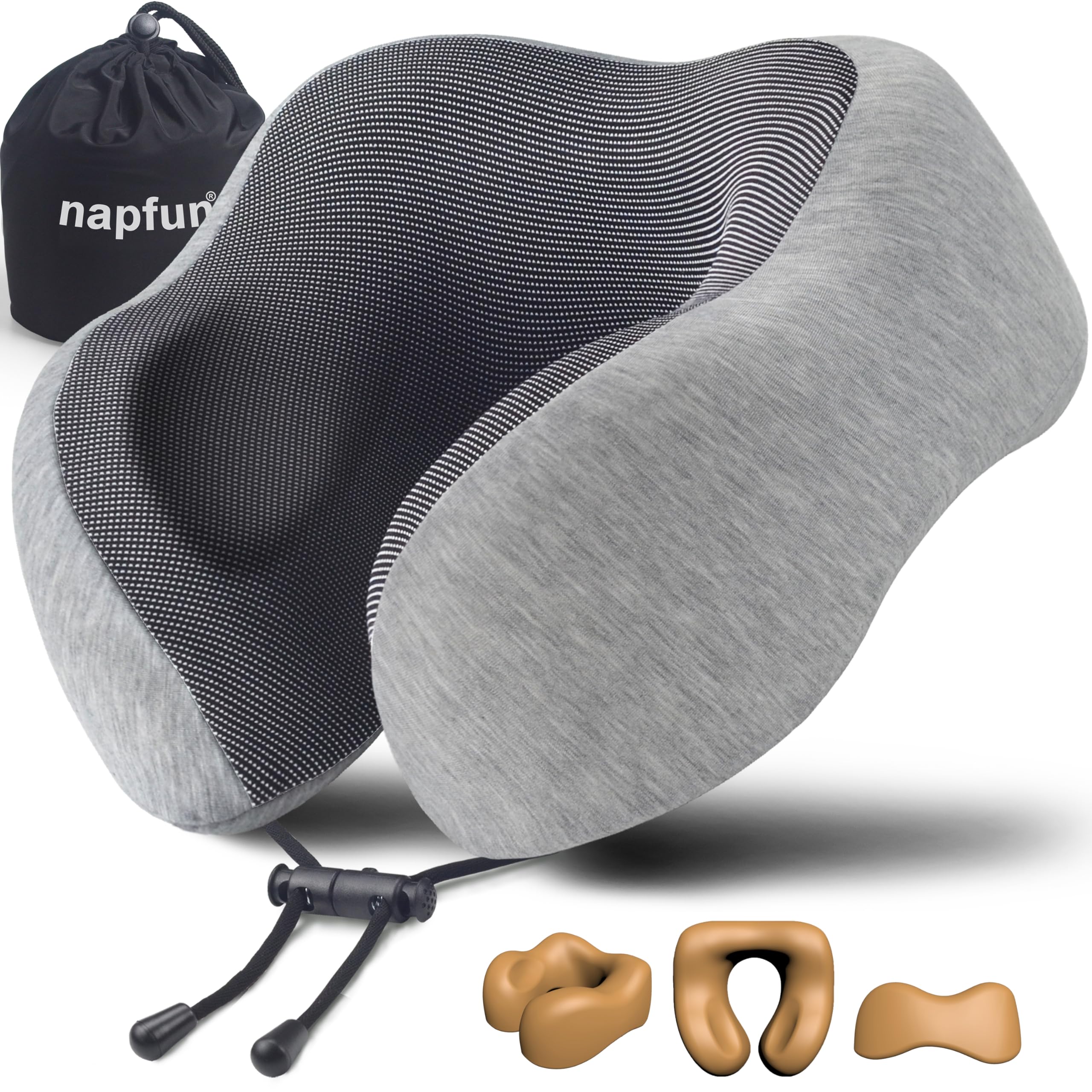 napfun Neck Pillow for Traveling, Upgraded 100% Pure Memory Foam Travel Pillow for Airplane Headrest Sleep, Portable Plane Accessories, Light Grey