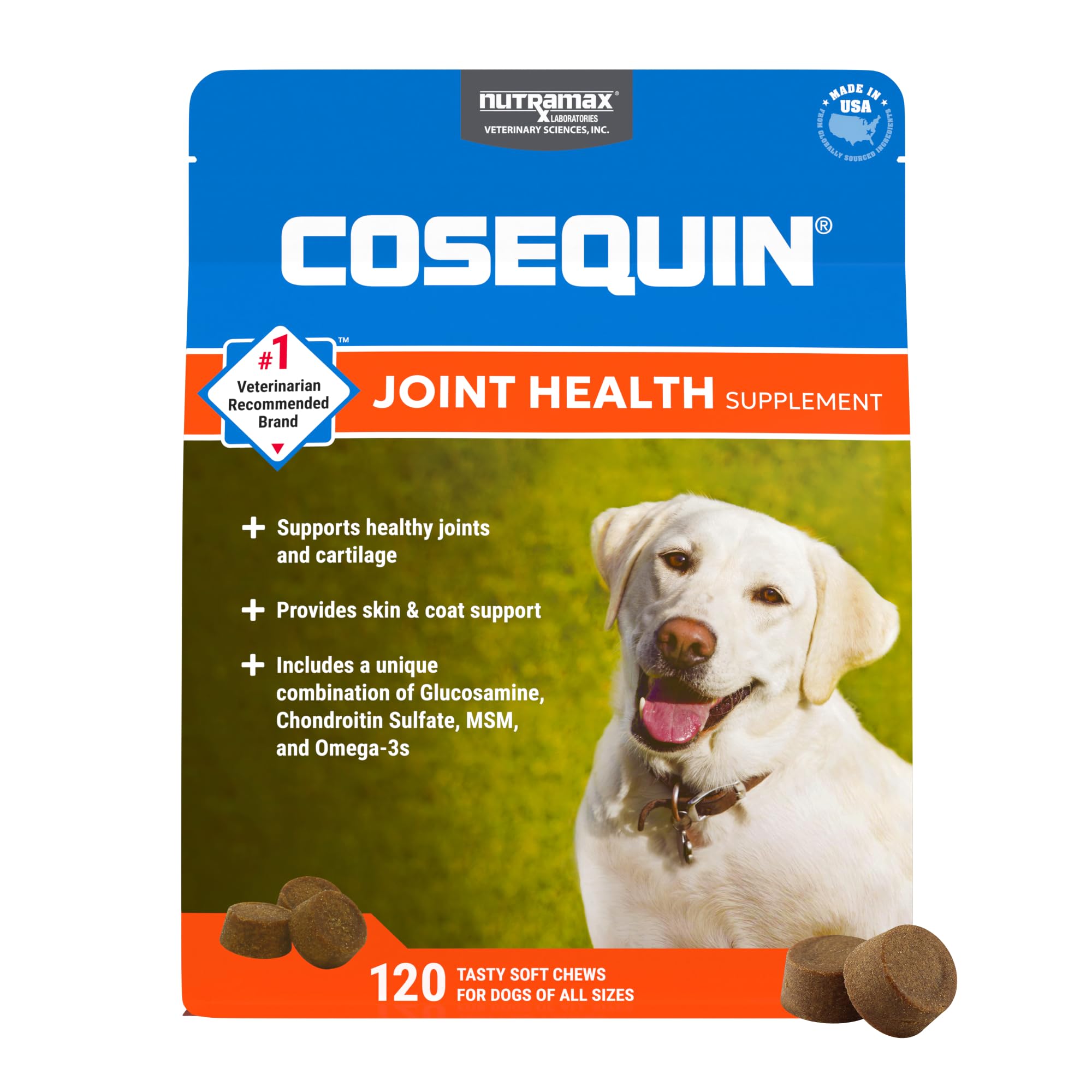 Nutramax Cosequin Joint Health Soft Chews for Dogs, with Glucosamine, Chondroitin, MSM & Omega-3s, 120 Count