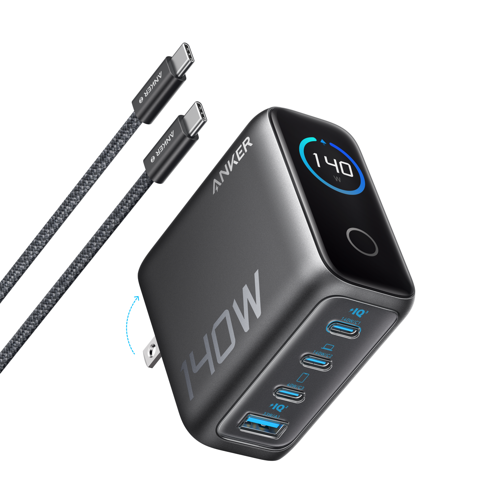 Anker 140W 4-Port PD 3.1 Charger with USB-C Cable, Wall Charger with 140W, USB-C, PD 3.1, 4-Port, for iPhone, iPad, MacBook, Samsung Galaxy, Travel/Office