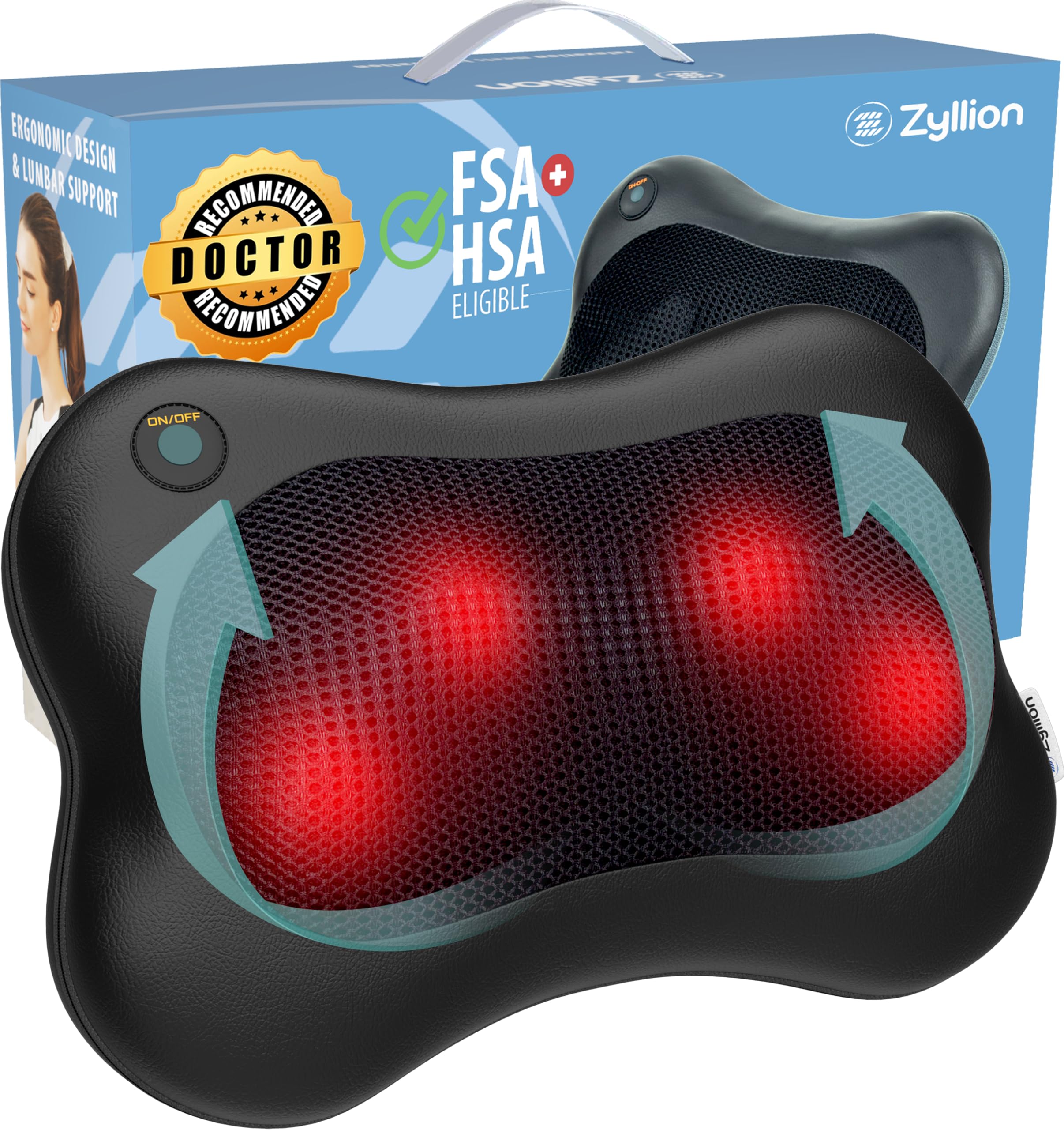 Zyllion Shiatsu Back and Neck Massager with Heat - 3D Electric Kneading Deep Tissue Massage Pillow, Black, ZMA-13