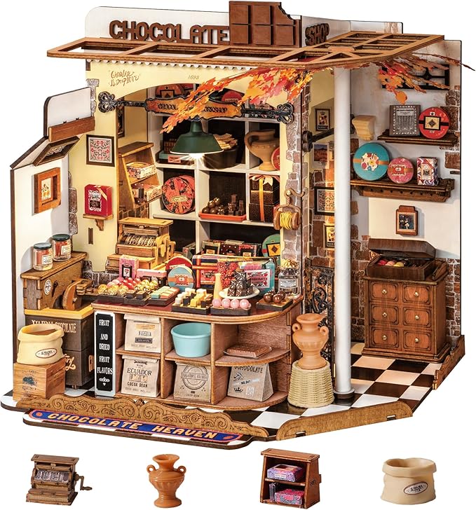 Rolife Henry's Chocolate DG174 Miniature DIY Kit — Vintage Chocolate Shop 3D Wooden Puzzle, 330 Pieces with LED Warm Light, Desktop Decor Gift for Dessert Lovers & Miniature Enthusiasts