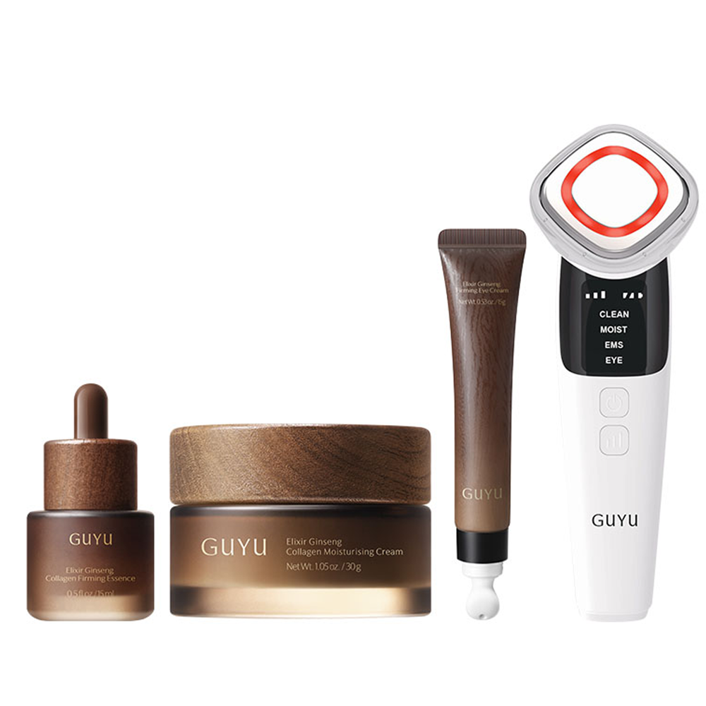 Guyu Mountain Ginseng Firming Skincare 4-Piece Set - 30g Ginseng Collagen Cream + 15g Ginseng Eye Cream + 15ml Ginseng Essence + Facial Massage Device | Anti-Wrinkle, Firming, Hydrating