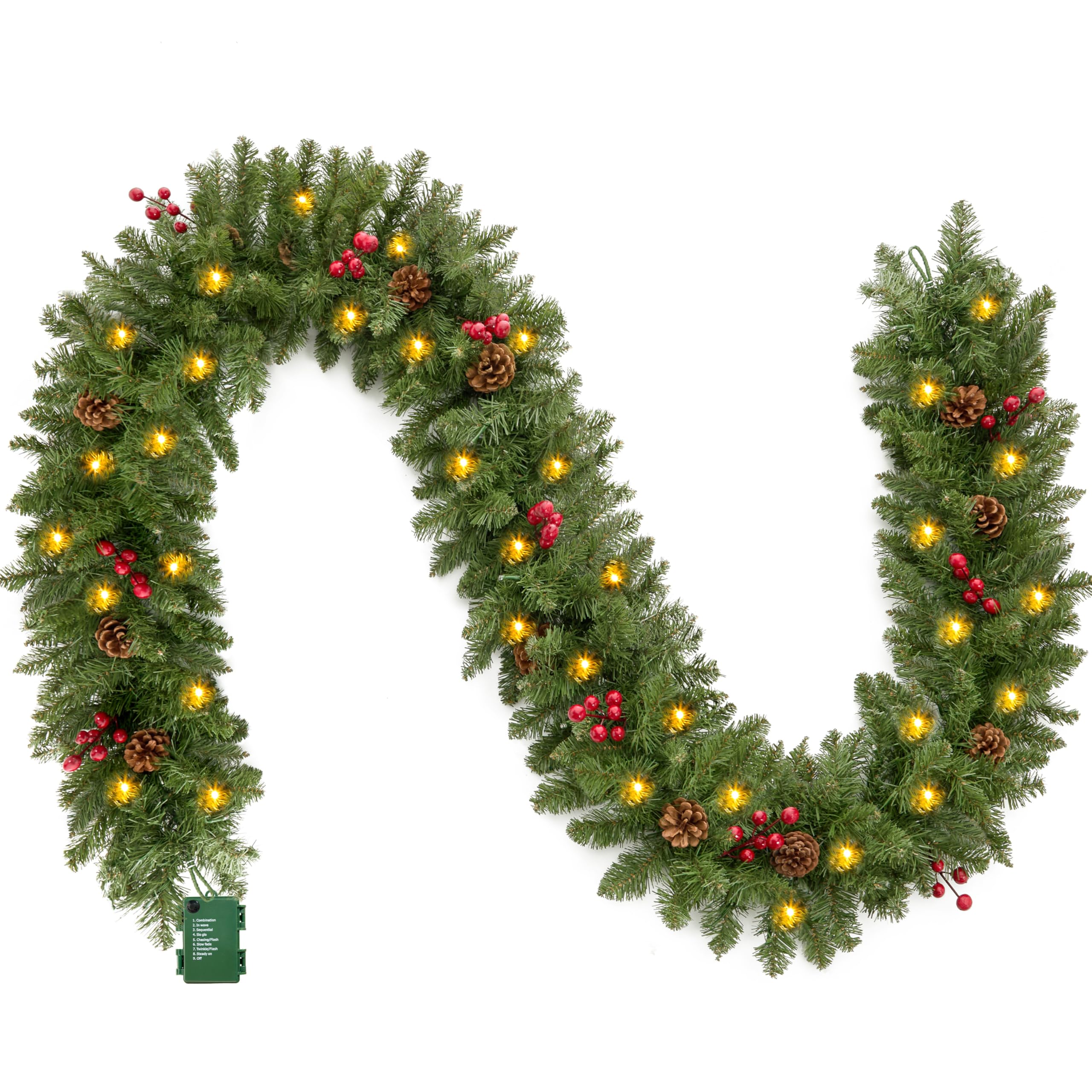 Joiedomi 9ft Pre-lit Christmas Wreath, 100 Warm White LEDs with Pinecones & Red Berry Accents, Battery Powered (Batteries Not Included)
