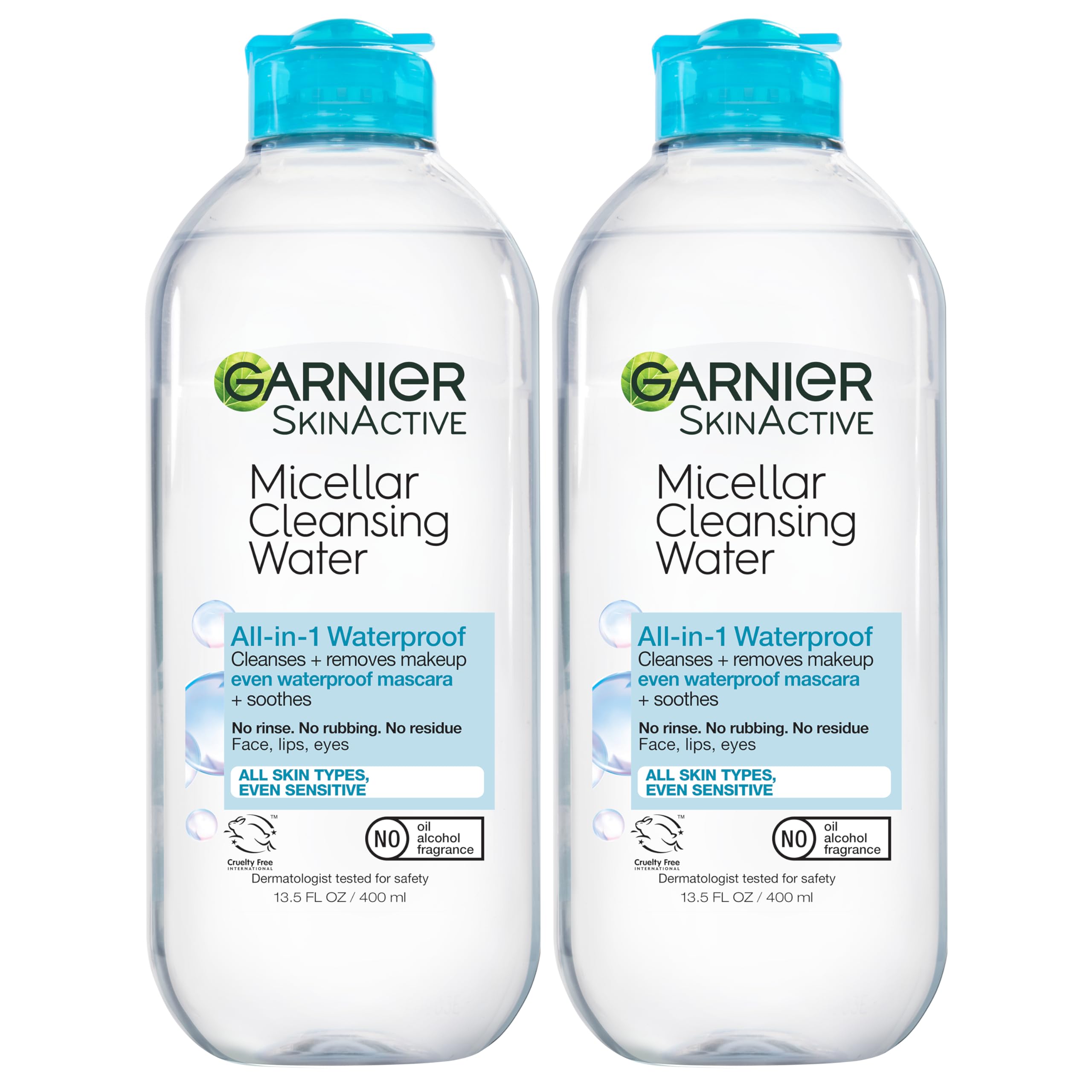 Garnier Micellar Water for Waterproof Makeup, Hydrating Facial Cleanser & Makeup Remover, 13. 5 Fl Oz (400mL), 2 Count