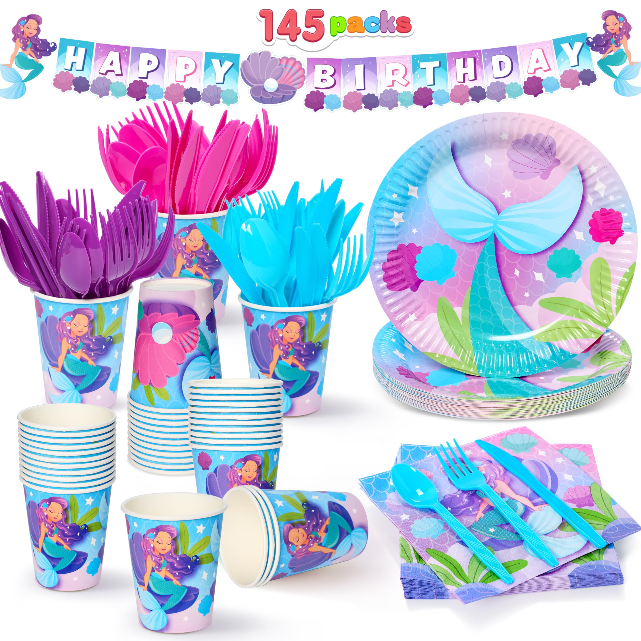 JOYIN 145-Piece Mermaid Birthday Party Supplies — 24-Serve Tableware Set with Banner, Plates, Cups, Napkins & Plastic Cutlery