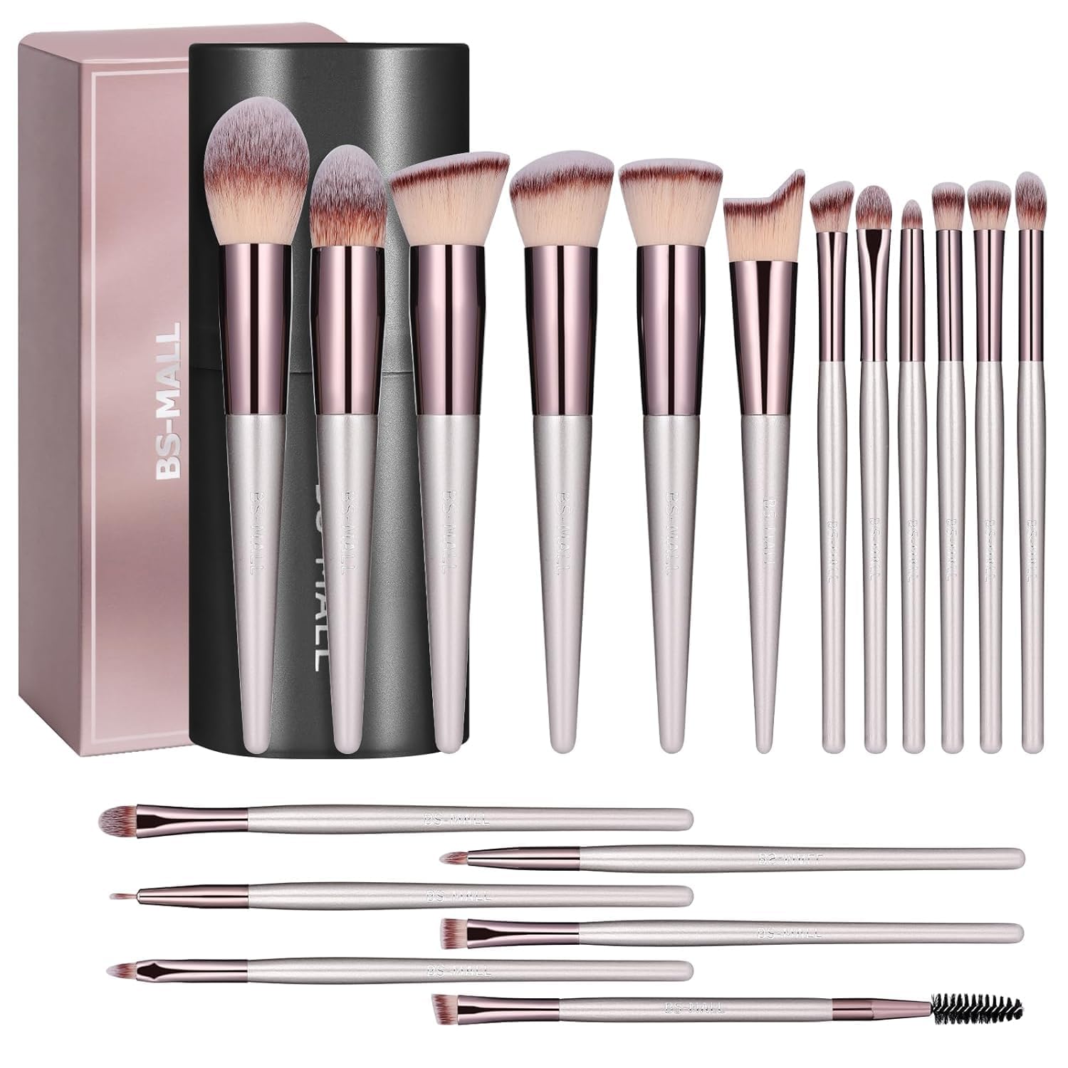 BS-MALL 18-Piece Professional Makeup Brush Set with Travel Case — Synthetic Bristles, Labeled Brushes, Upgraded Black Case
