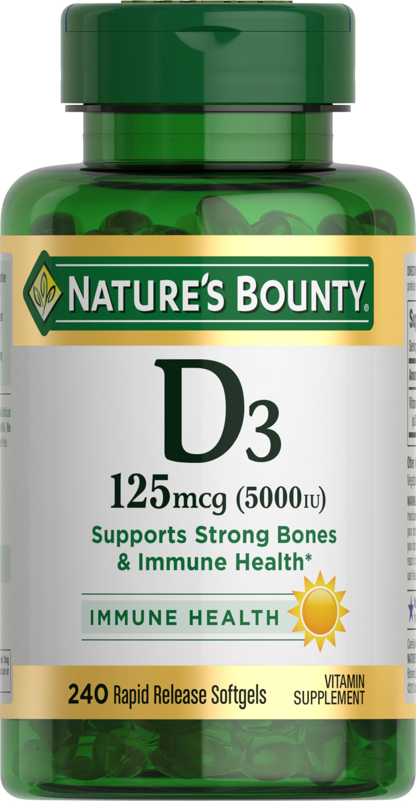 Nature's Bounty Vitamina D3 5000 IU Cápsulas Blandas, Liberación Rápida, Apoyo Inmunológico, Suplementos de Vitamina D, 240 Ct