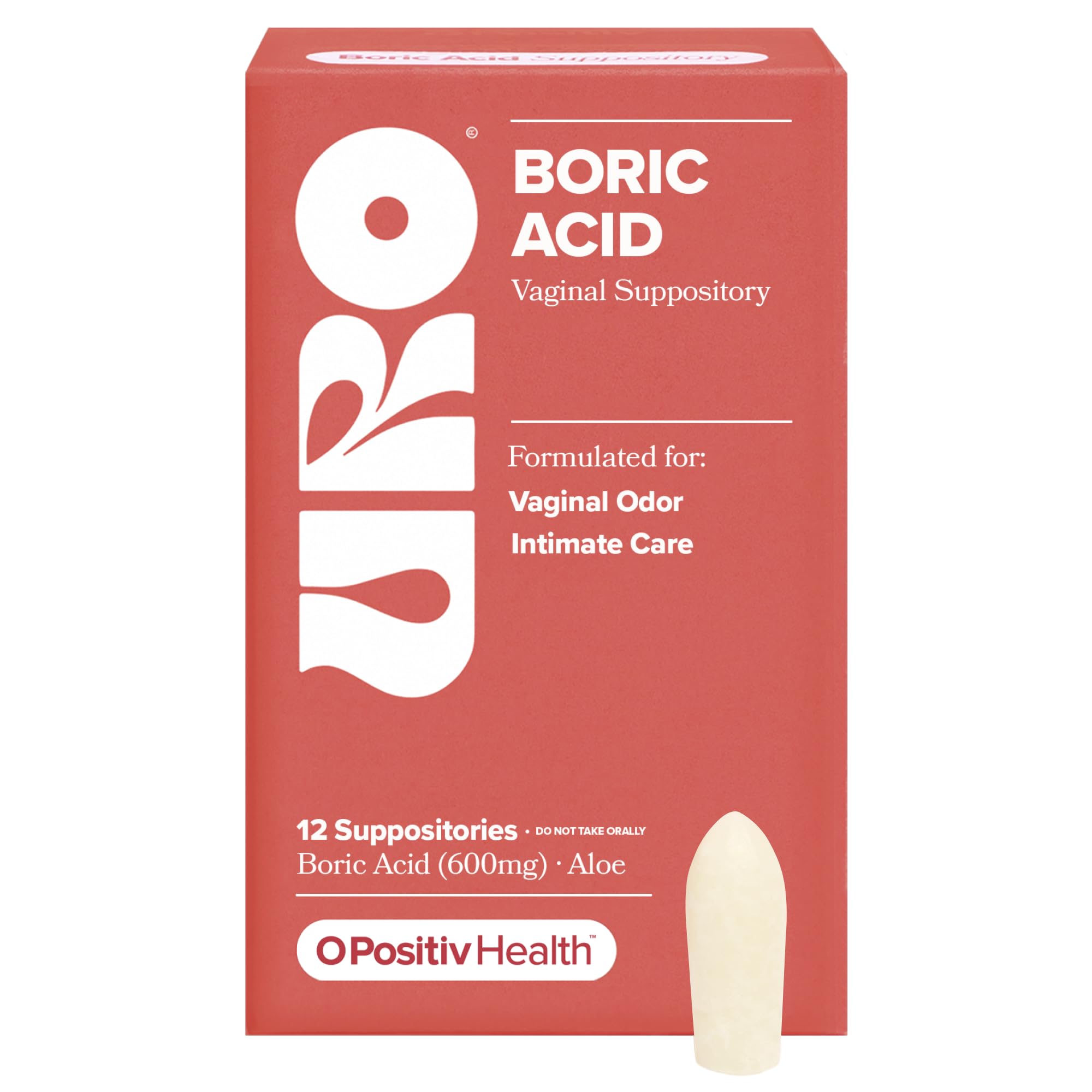 O Positiv URO Boric Acid Vaginal Suppository – with Lactic Acid, and Aloe for Fast Relief and Vaginal Odor Control – Vegan, Free from Parabens, Dyes, and Fragrances – 12 Count (Pack of 1)