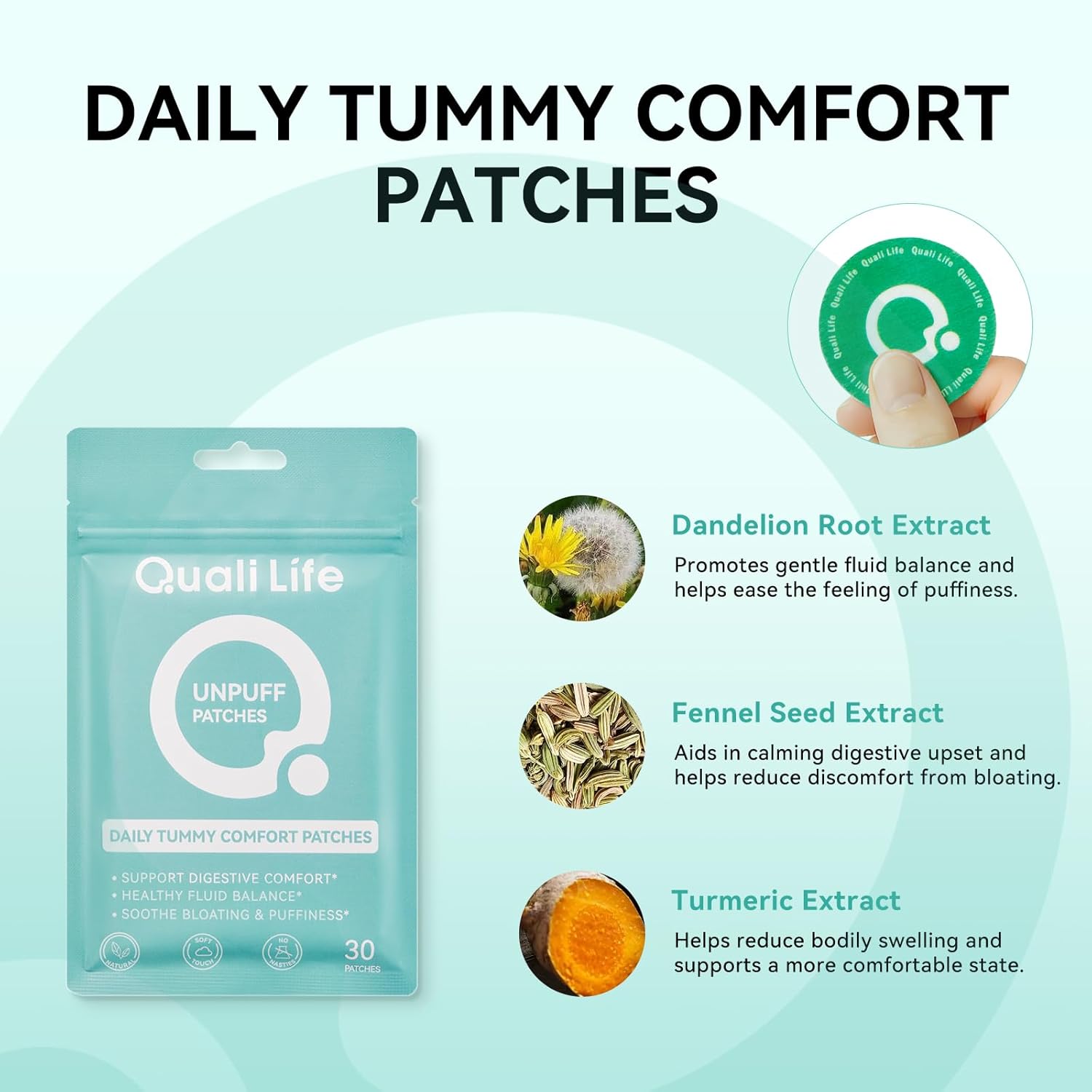 Qualilife Unpuff Patches - Wellness Patch with Dandelion, Fennel, Artichoke, Ginger & Turmeric - Natural Herbal Support for Bloating, Water Retention & Digestive Support - 30 Vegan Patches detail image 2