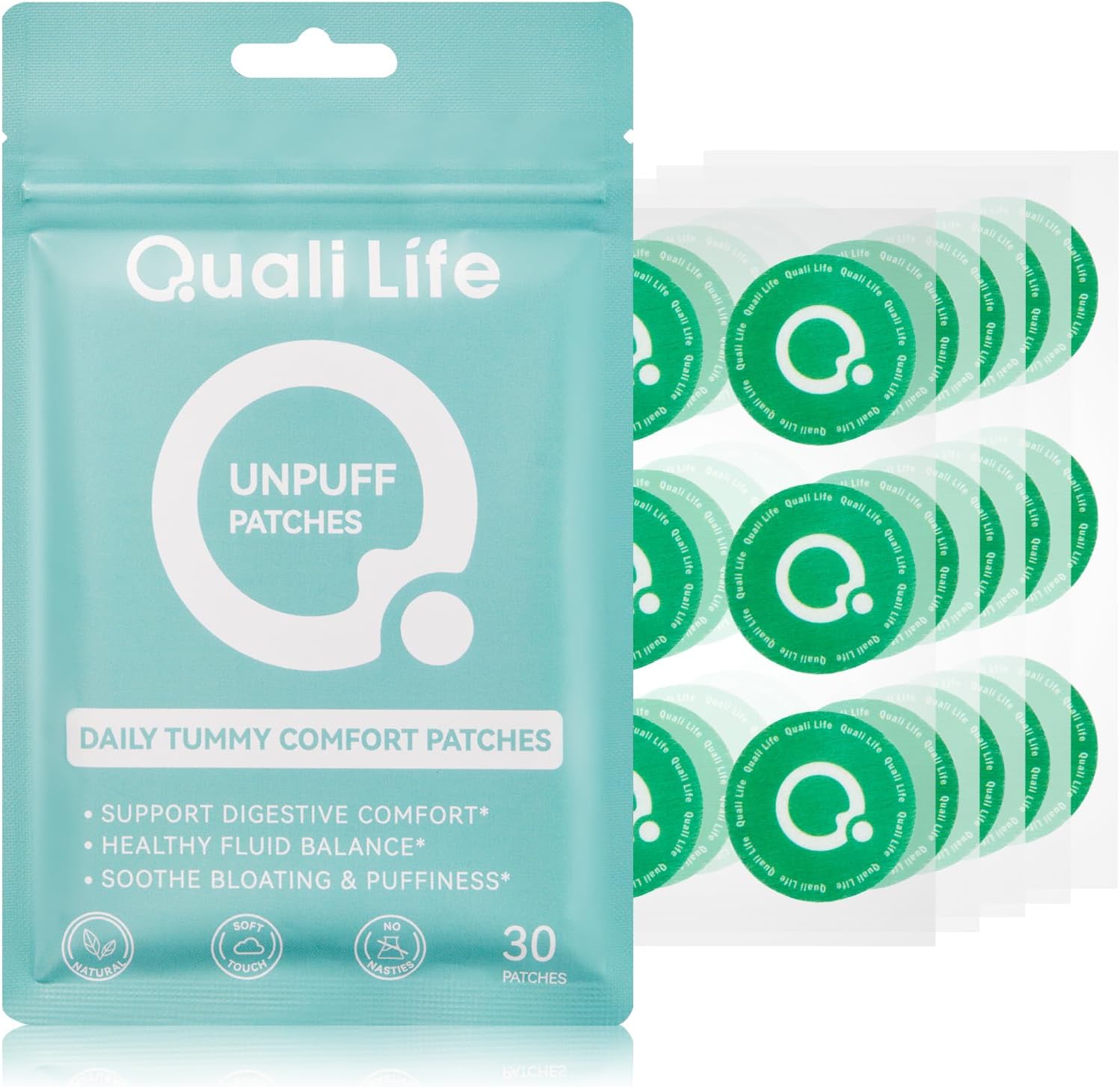 Qualilife Unpuff Patches - Wellness Patch with Dandelion, Fennel, Artichoke, Ginger & Turmeric - Natural Herbal Support for Bloating, Water Retention & Digestive Support - 30 Vegan Patches