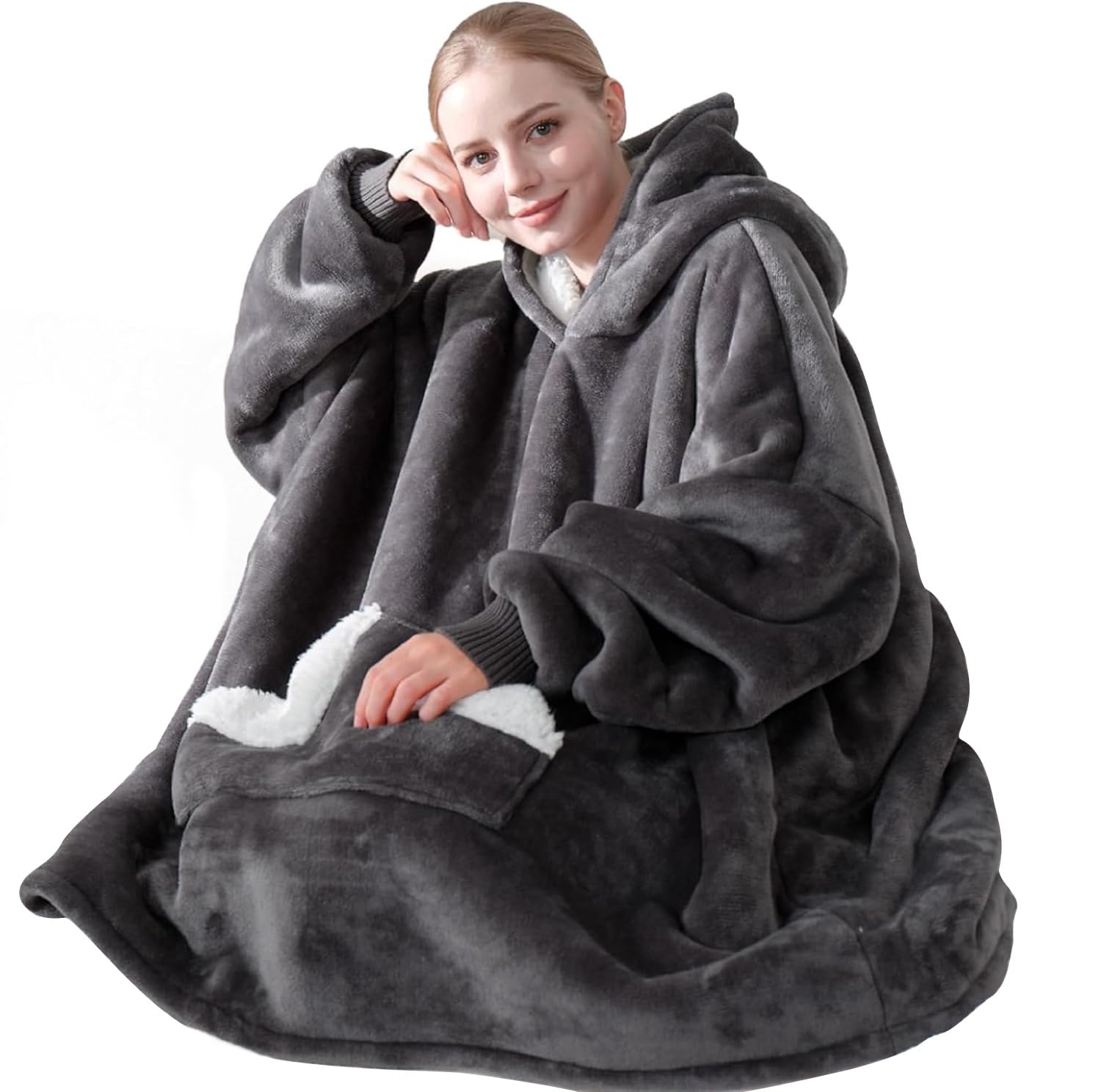 Touchat Wearable Blanket Hoodie — Oversized Sherpa Fleece Sweatshirt Blanket with Giant Hood, Pocket and Sleeves for Adults